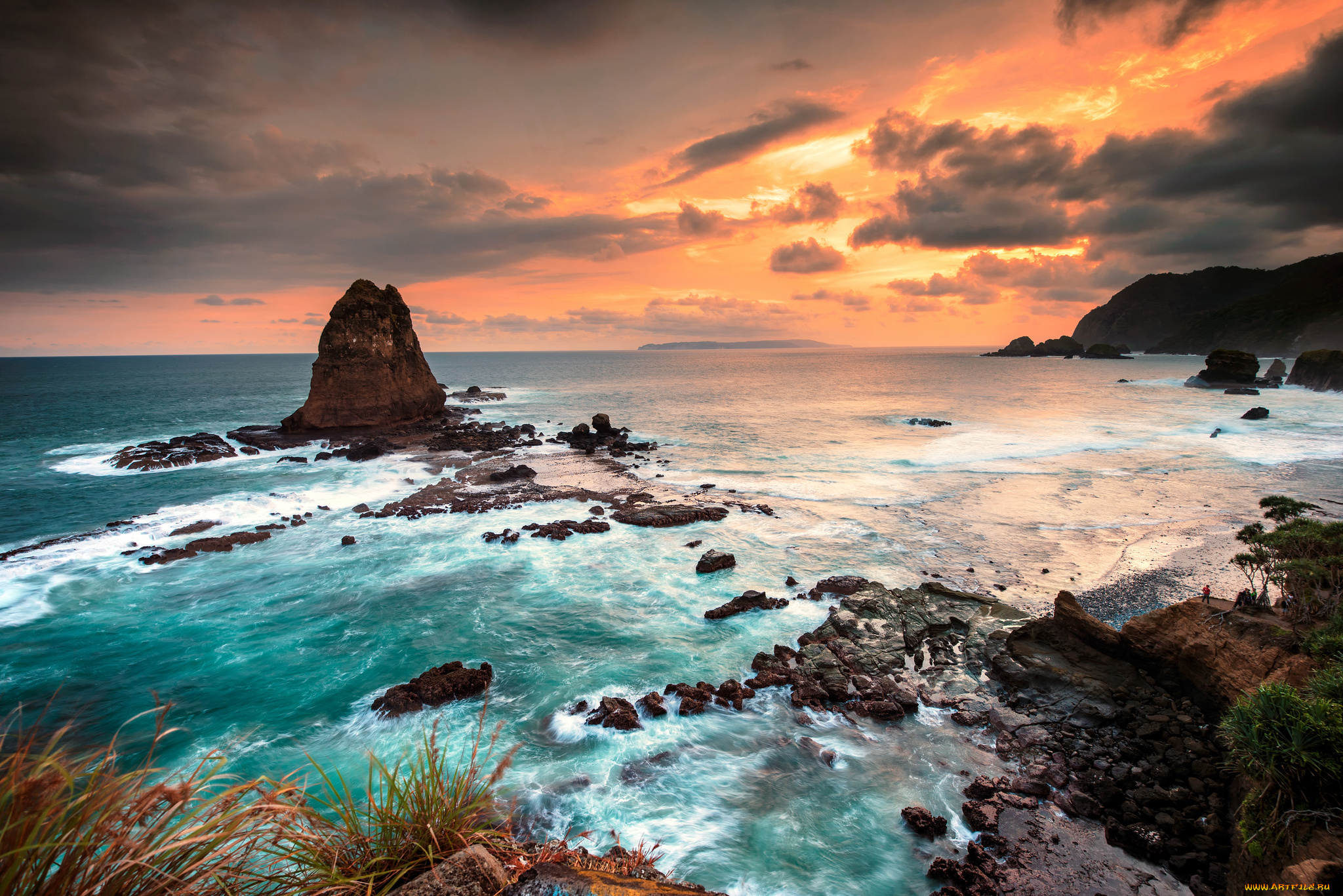 papuma, beach, jember, east, java, indonesia, природа, побережье, sea, Ява, индонезия, Яванское, море, закат, скалы