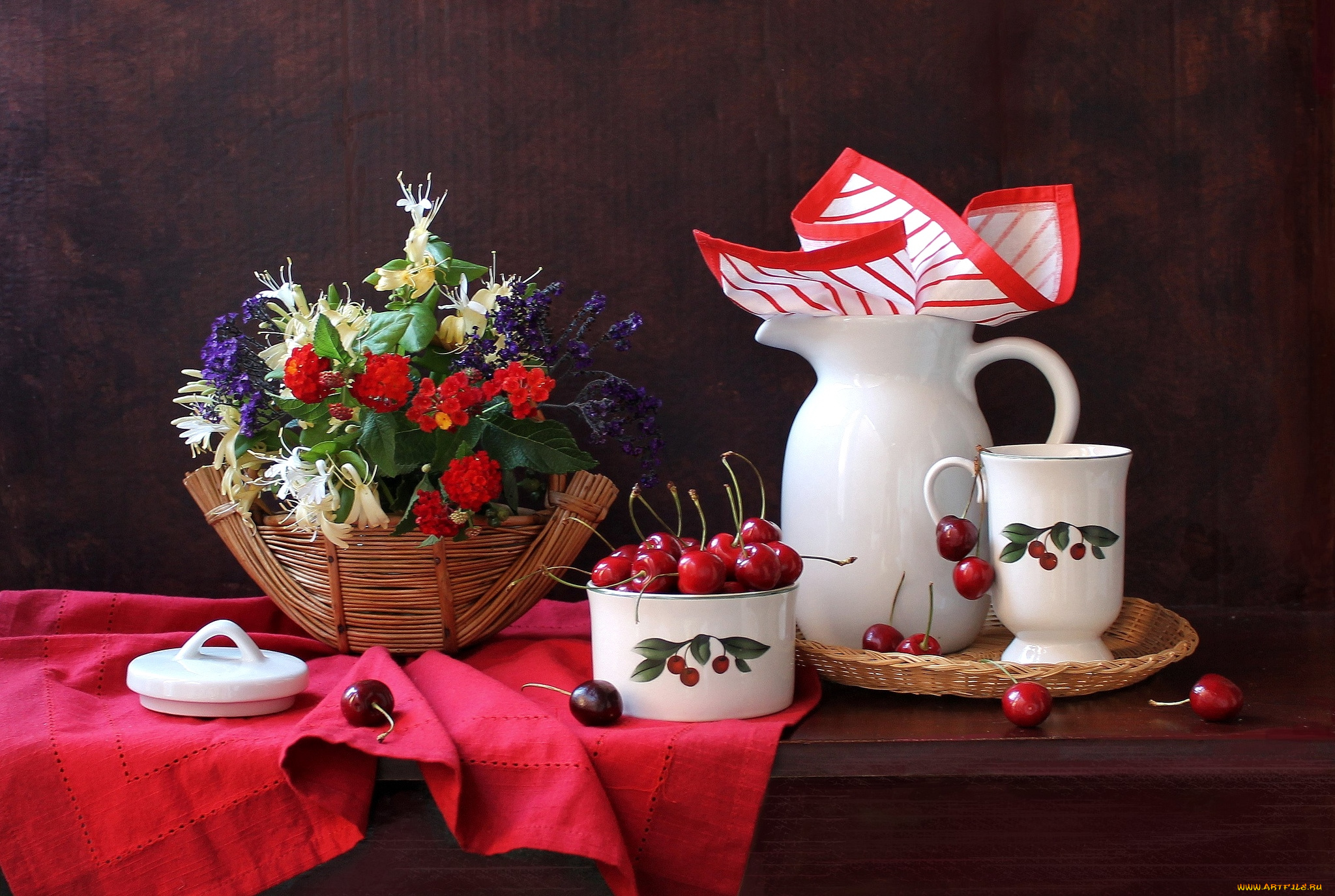 еда, вишня, черешня, кувшин, букет