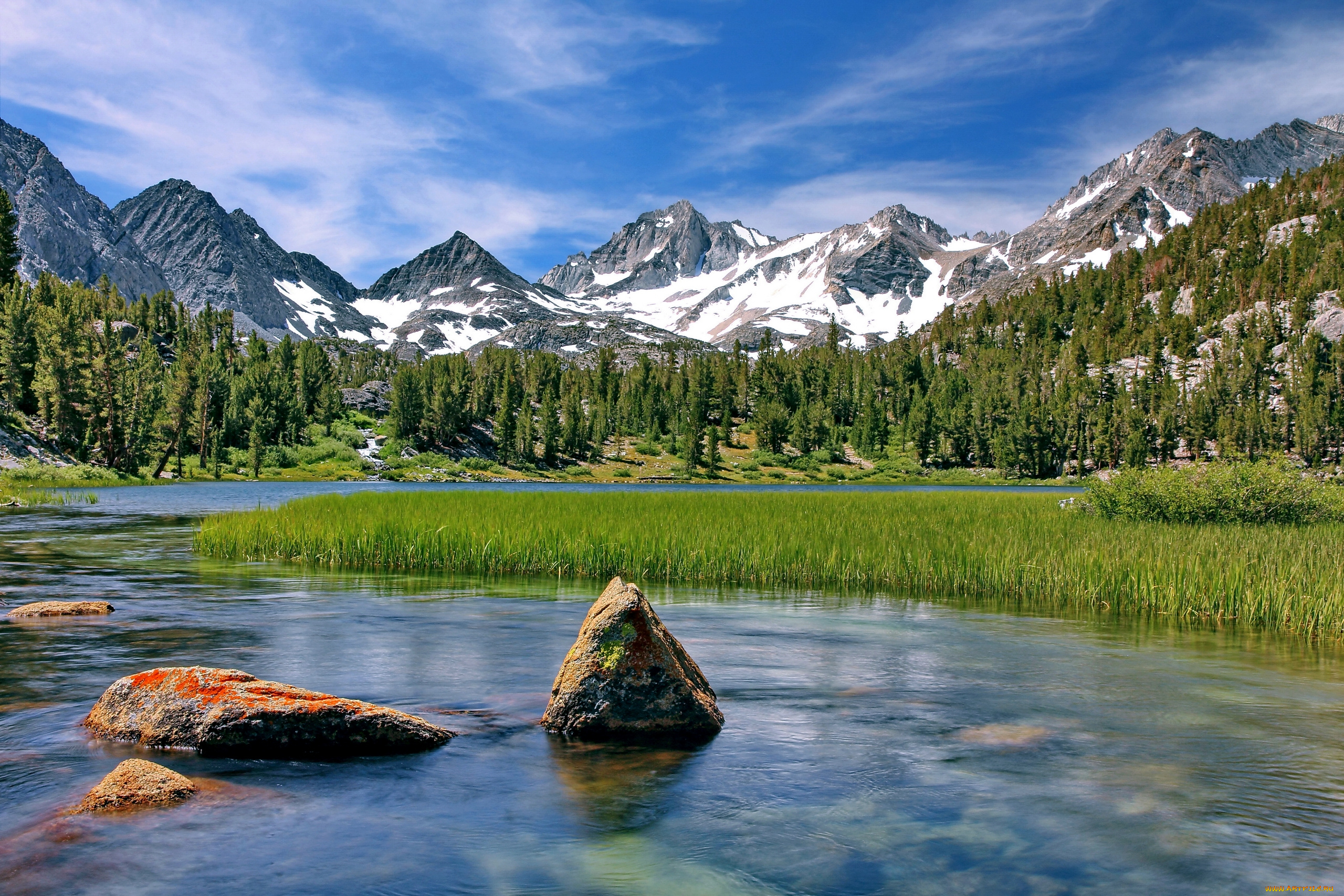 heart, lake, little, lakes, valley, california, природа, реки, озера, калифорния, озеро, горы, камыш, камни
