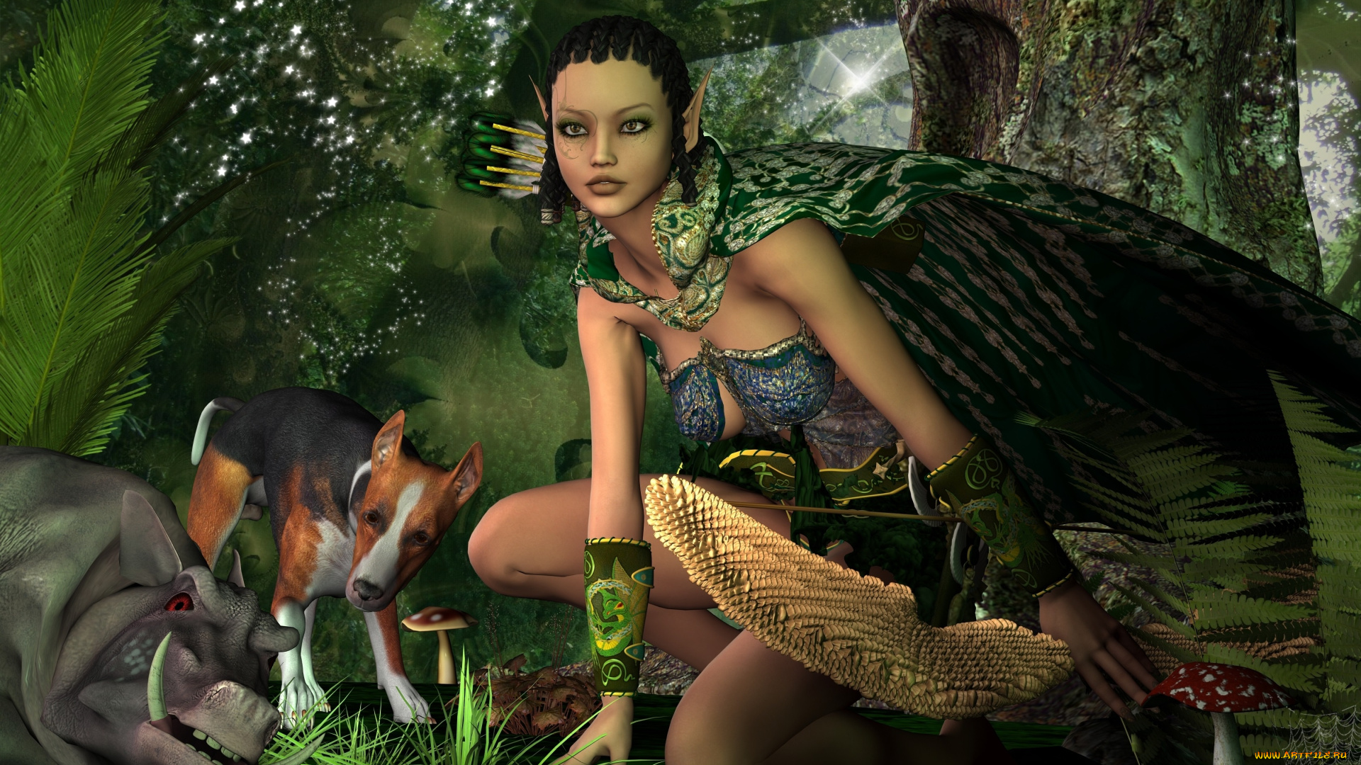 3д, графика, эльфы, , elves, собака, лес, эмблема