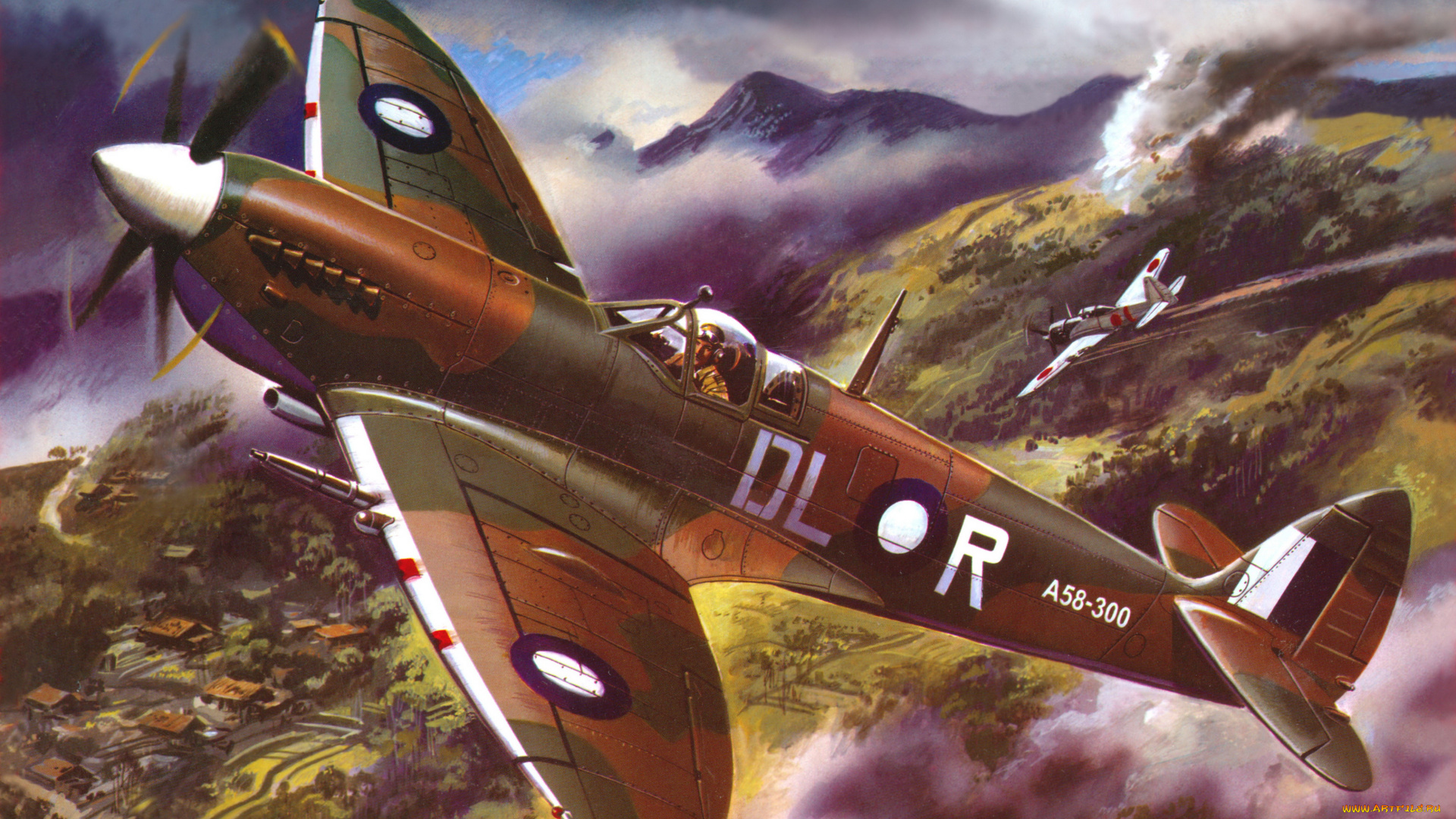 авиация, 3д, рисованые, v-graphic, небо, бой, дома, пейзаж, самолеты, земля, дым, облака, панорама, полет