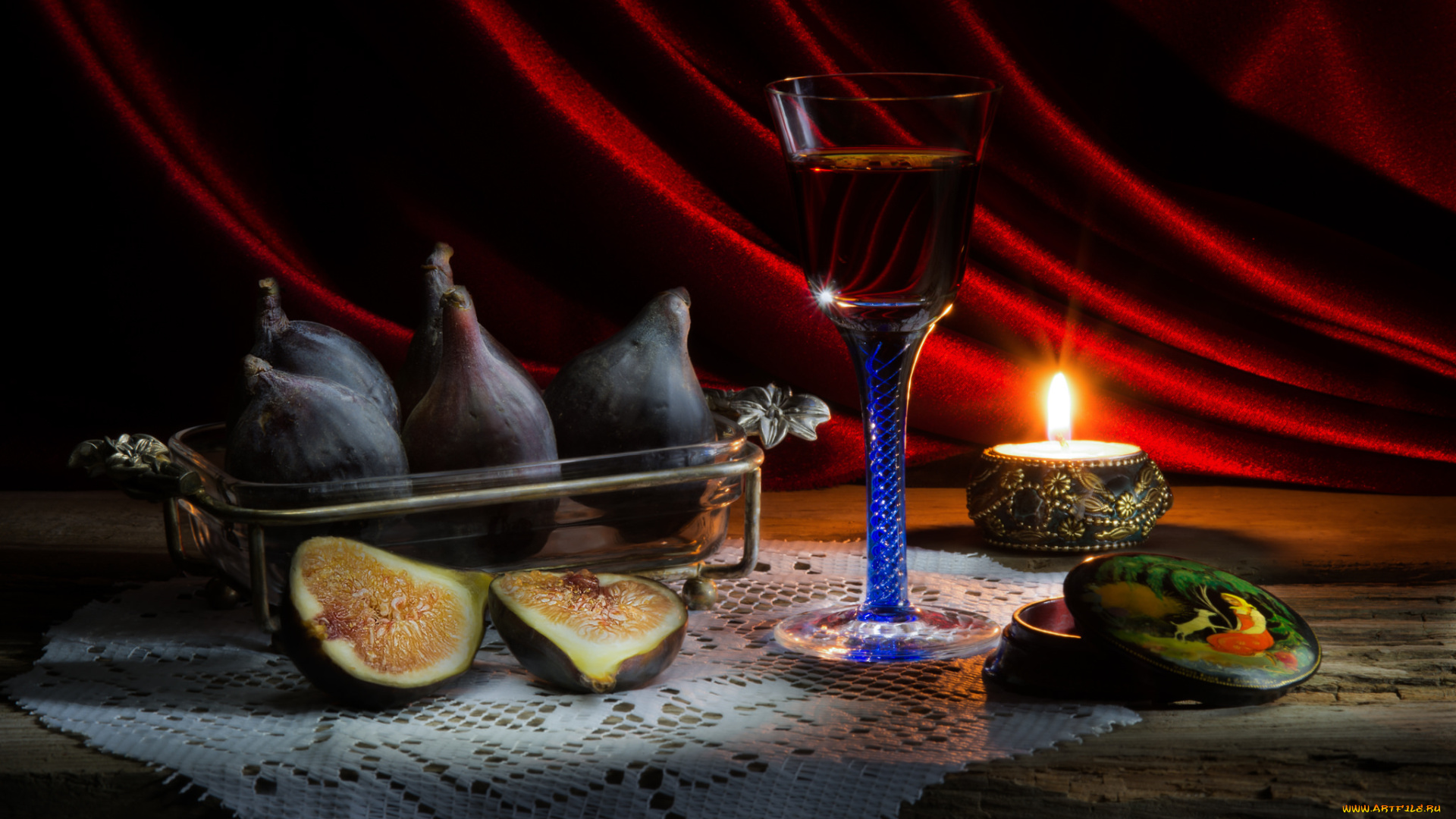 еда, инжир, бокал, свеча