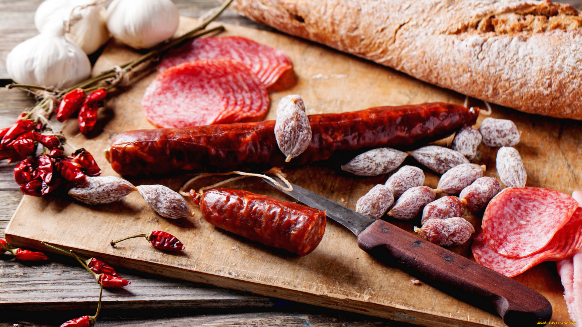 еда, колбасные, изделия, чеснок, батон, перец, колбаса