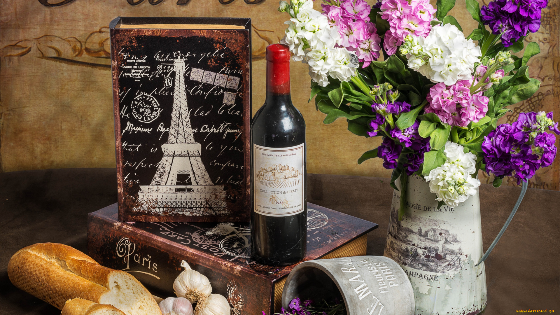 еда, натюрморт, чеснок, бутылка, багет, левкой