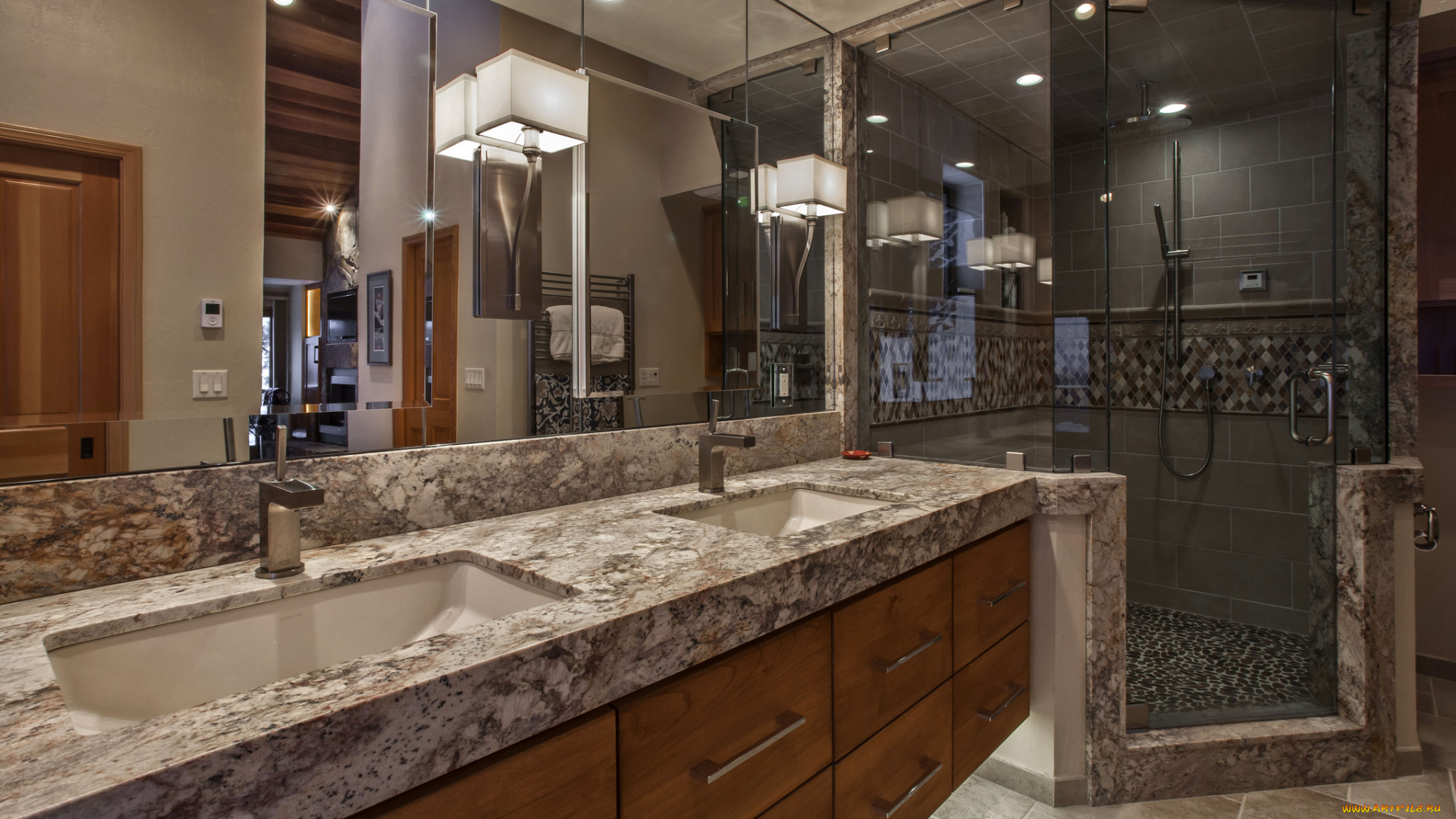 интерьер, ванная, и, туалетная, комнаты, душ, ванна