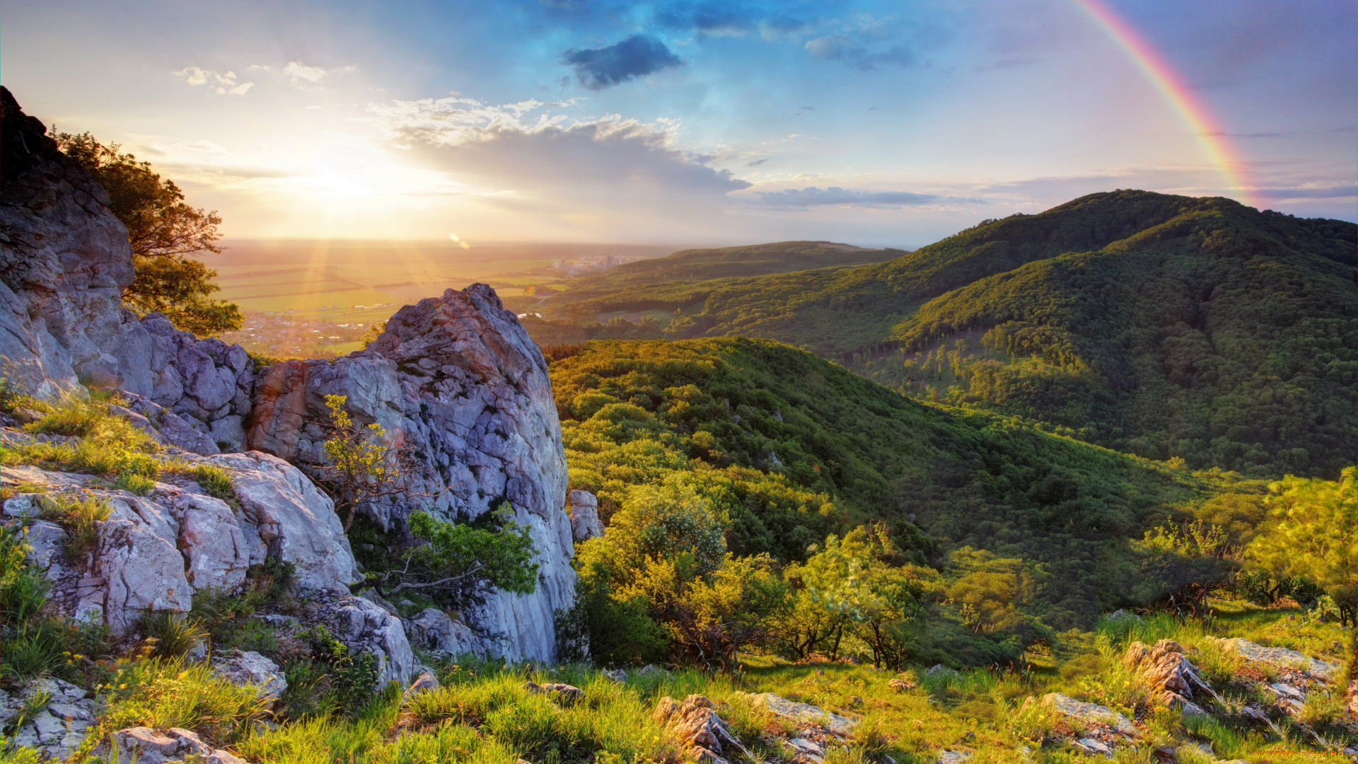 природа, радуга, облака, трава, горы, закат, пейзаж