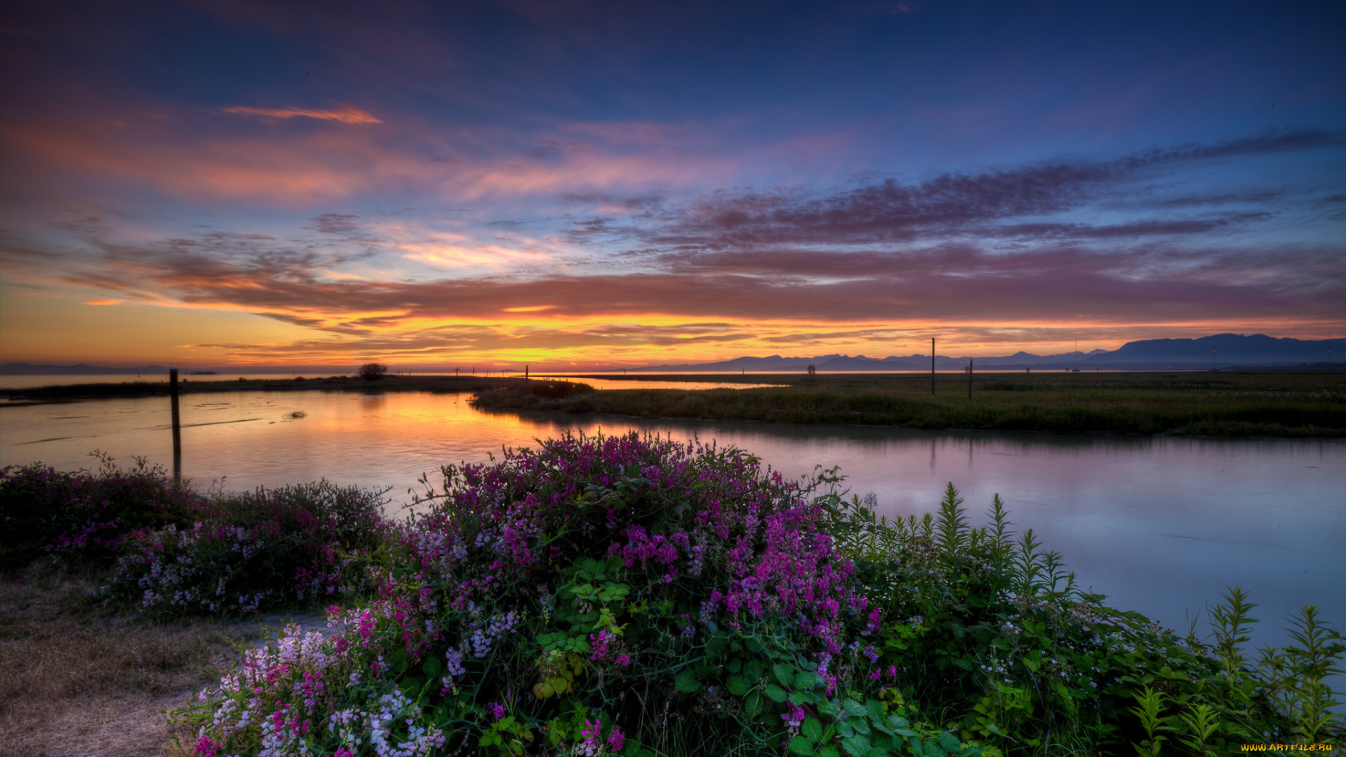 природа, реки, озера, вечер, заря, луг, река