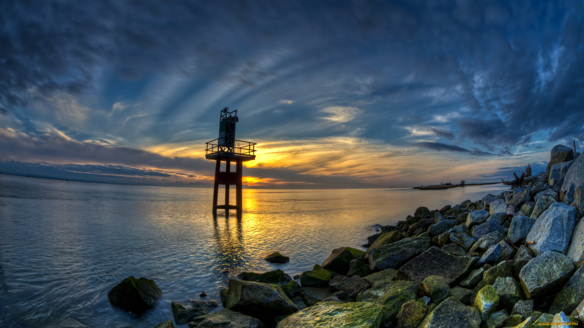 природа, восходы, закаты, зарево, тучи, камни, океан