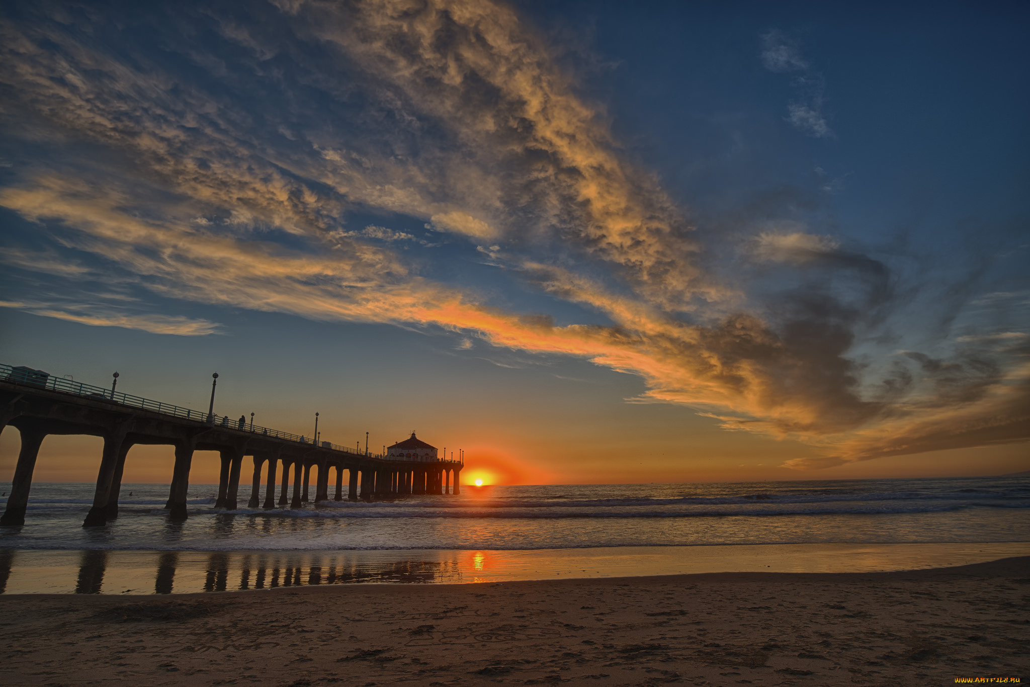 природа, восходы, закаты, горизонт, мост, пляж, океан, заря