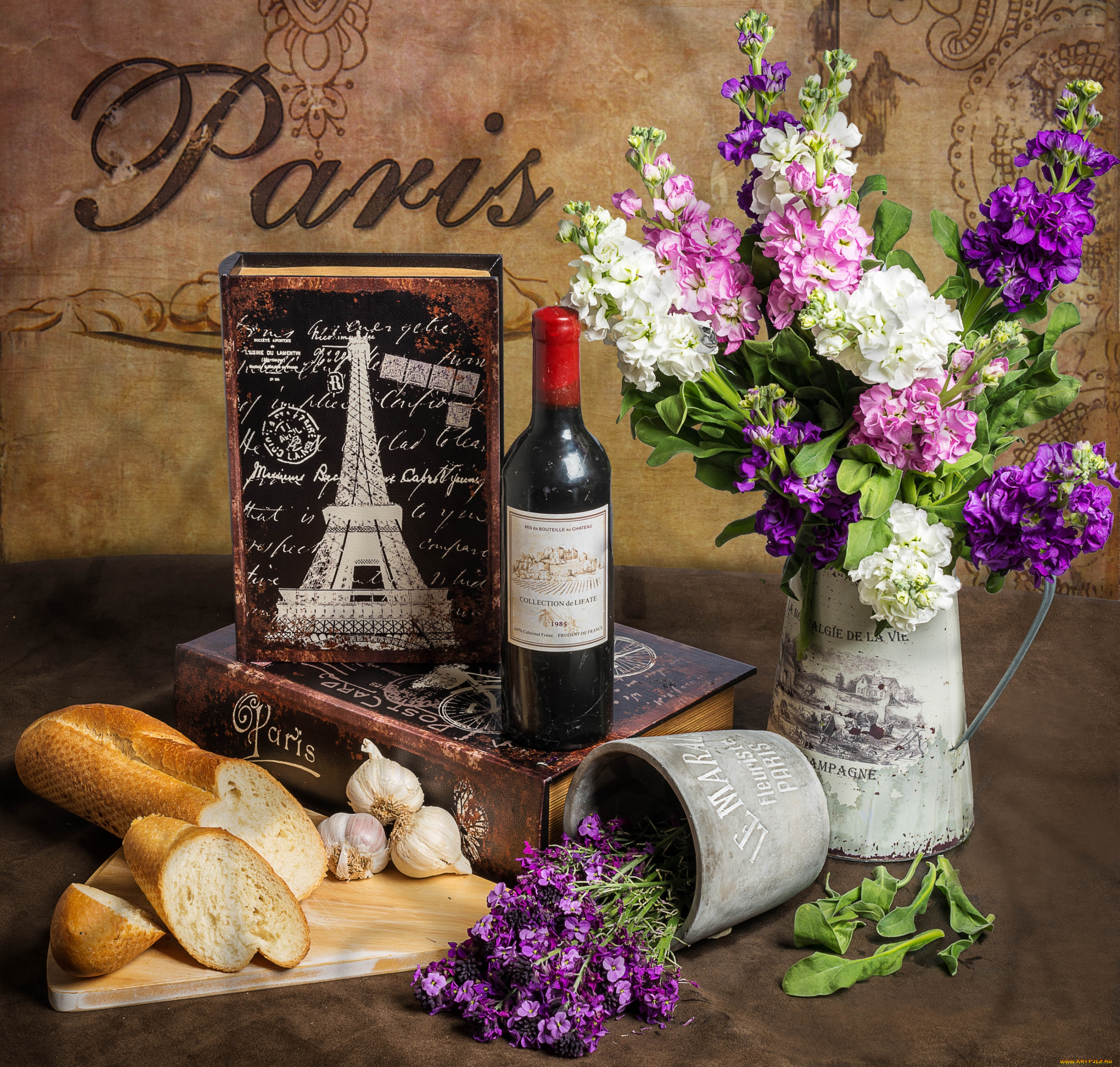 еда, натюрморт, чеснок, бутылка, багет, левкой