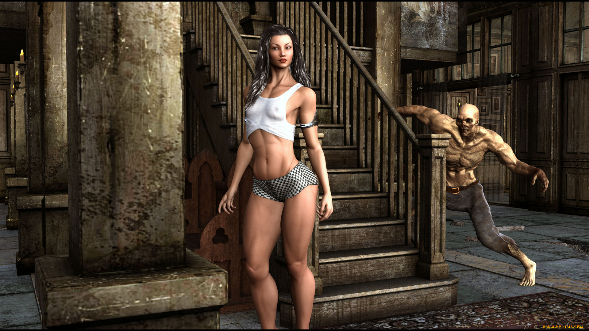 3д, графика, фантазия, , fantasy, фон, существо, взгляд, девушка