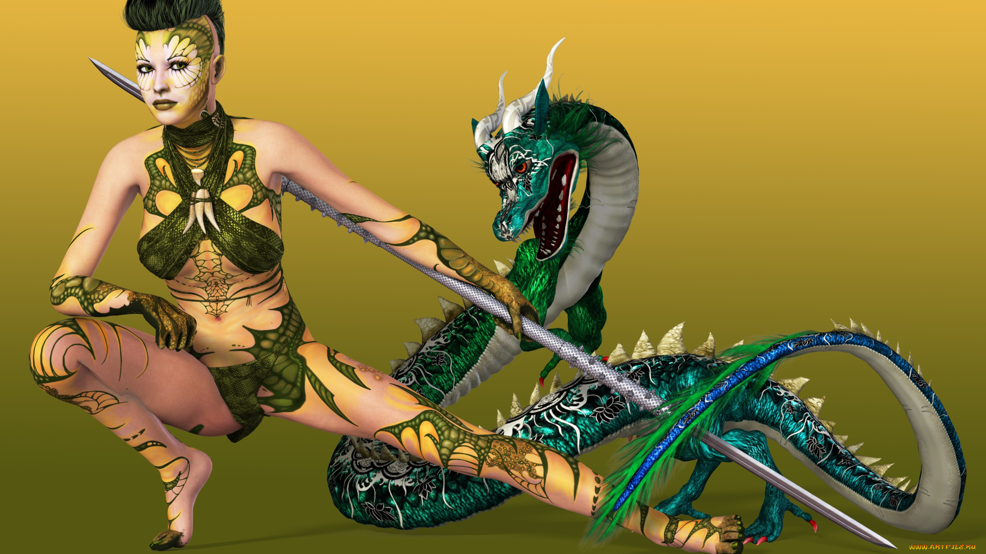 3д, графика, фантазия, , fantasy, взгляд, дракон, тату, девушка, оружие, фон