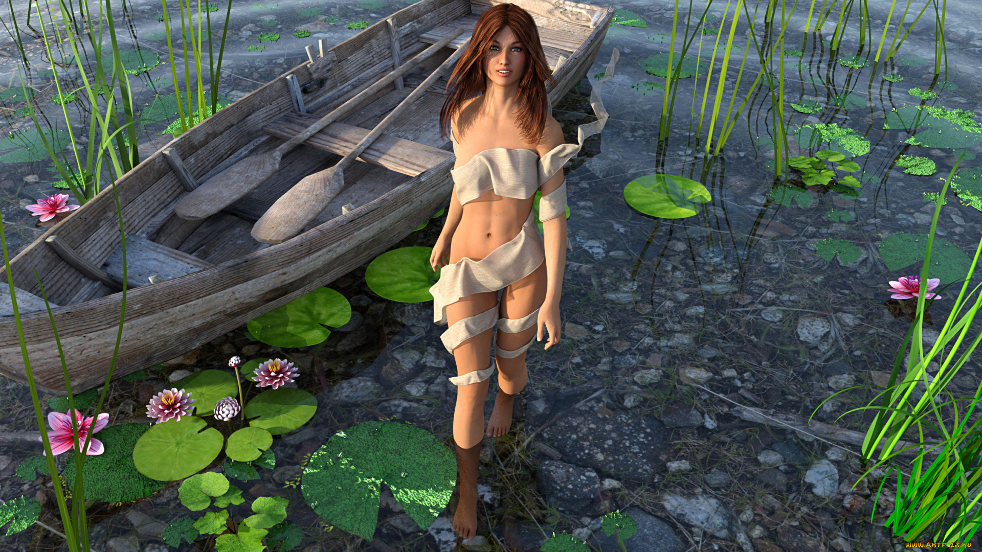 3д, графика, люди, , people, фон, взгляд, лодка, лилии, вода, девушка