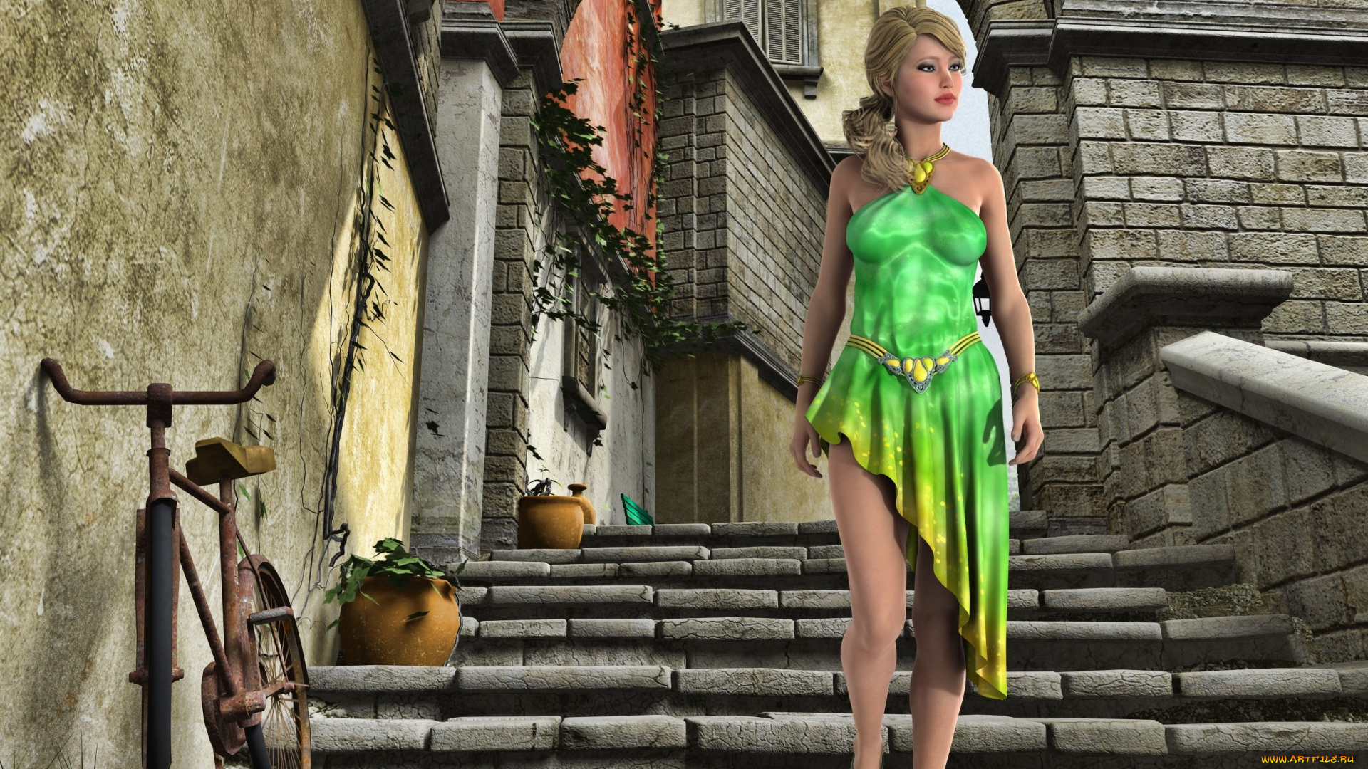 3д, графика, люди, , people, лестница, фон, взгляд, девушка, дом, велосипед