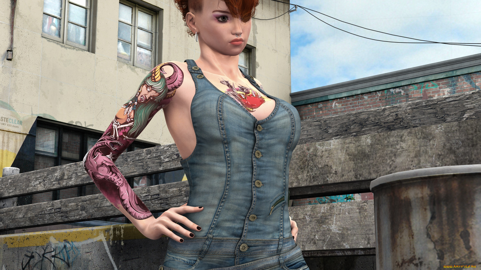 3д, графика, люди, , people, взгляд, девушка, рыжая, тату, фон