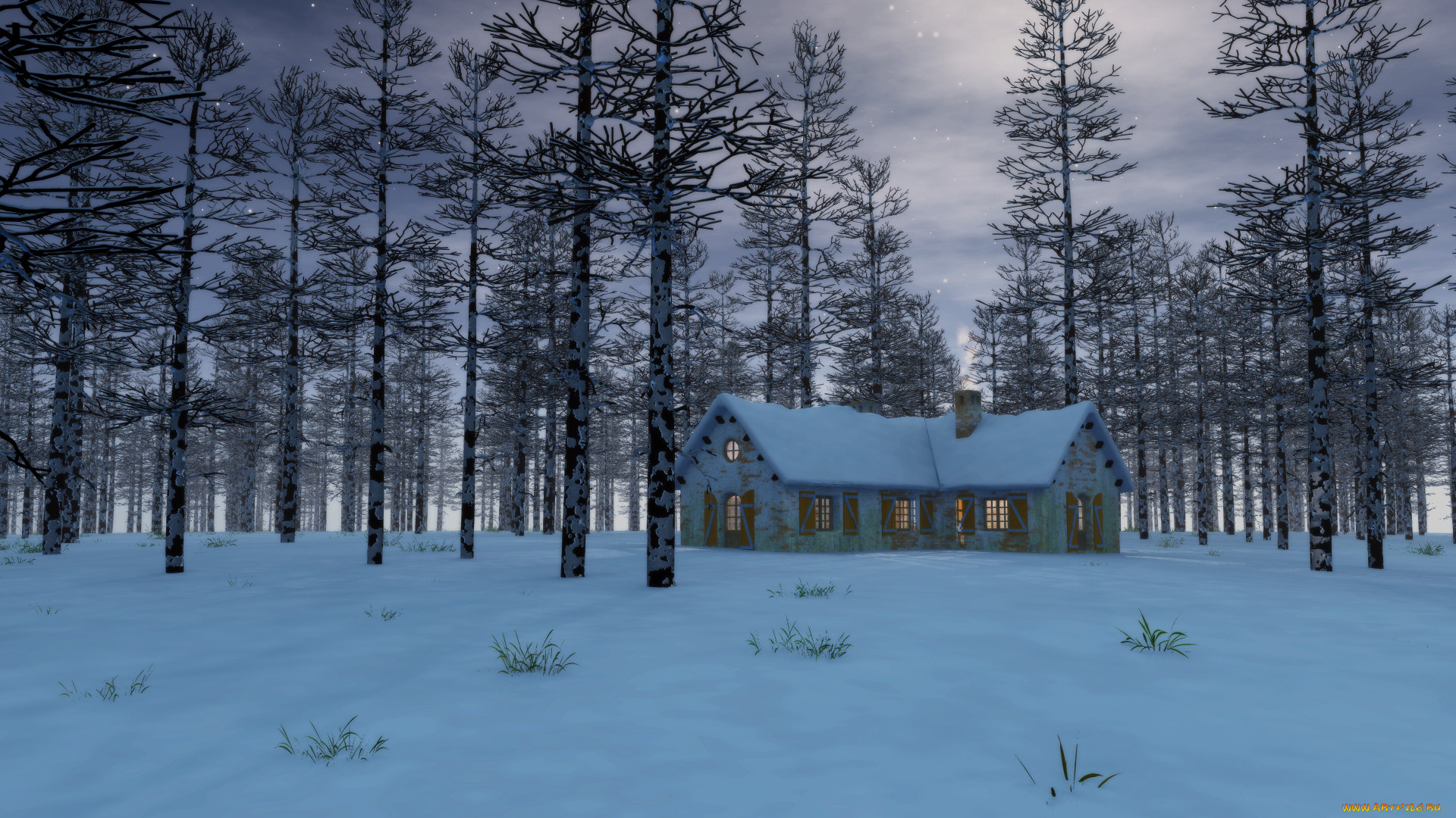 3д, графика, природа, , nature, дом, лес, снег