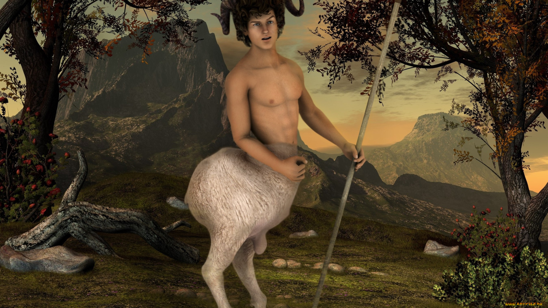 3д, графика, существа, , creatures, silenus, the, satyr, рога, взгляд, фон