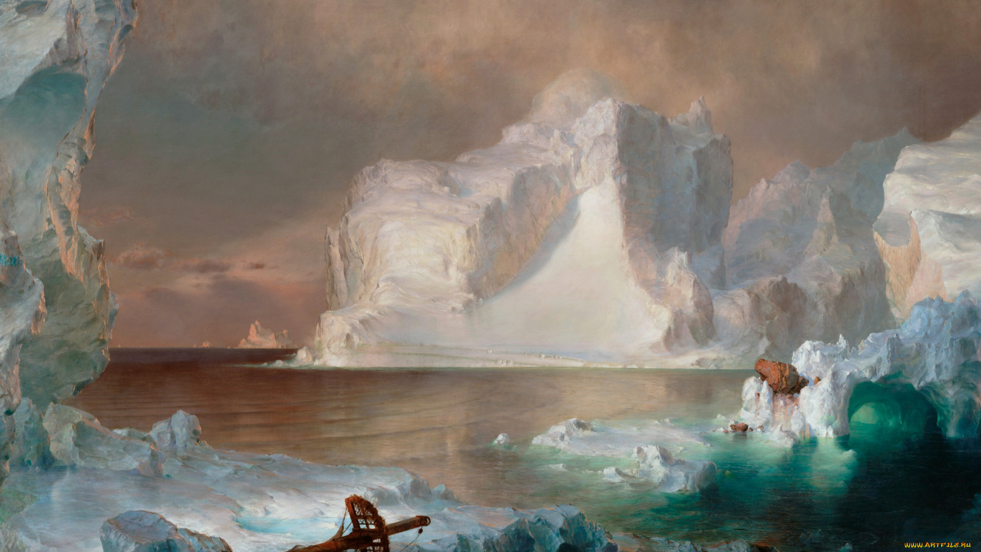 рисованное, живопись, небо, лед, крушение, frederic, edwin, church, айсберг, облака