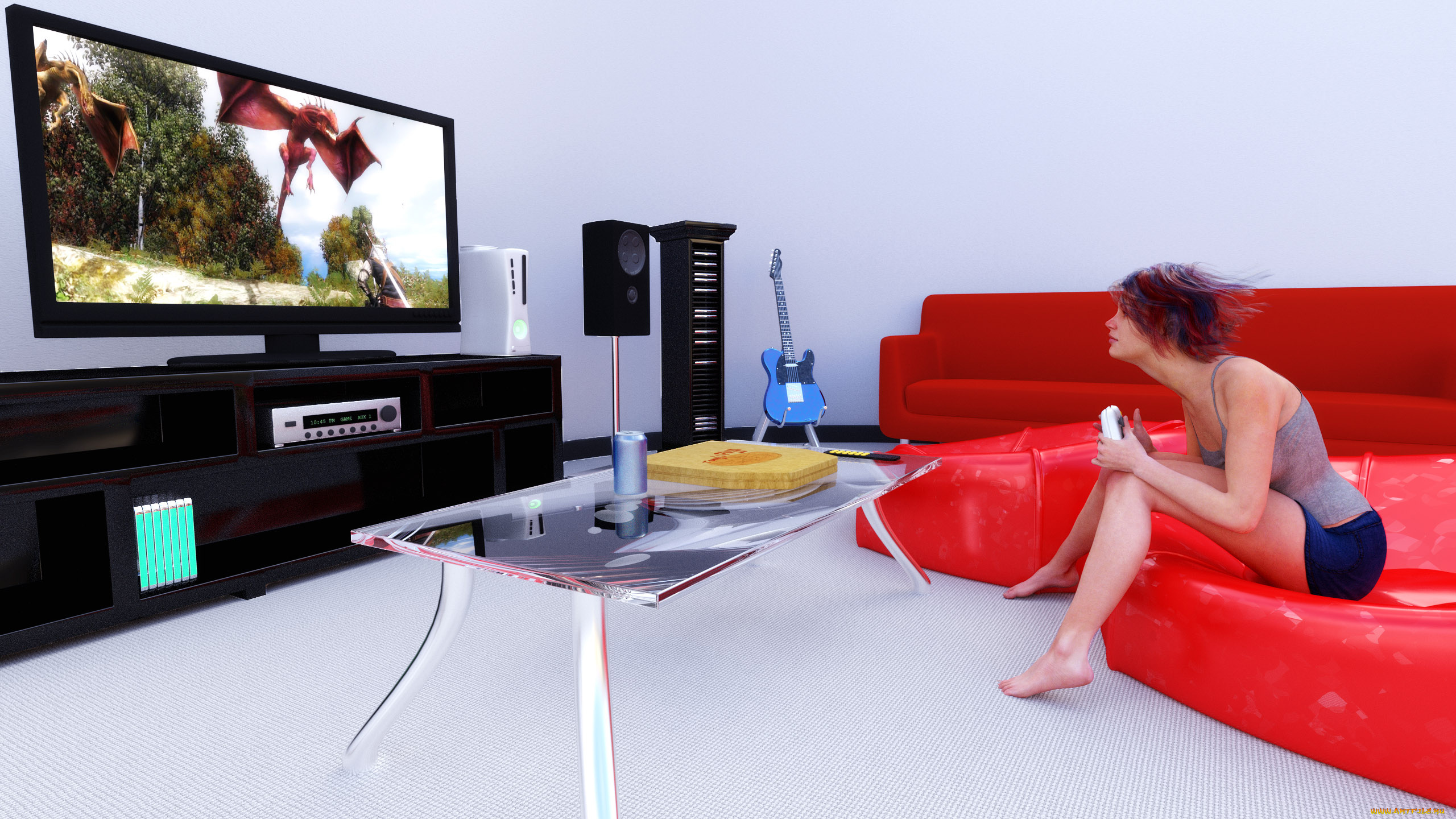 3д, графика, люди, , people, стол, телевизор, интерьер, гитара, кровать, фон, взгляд, девушка