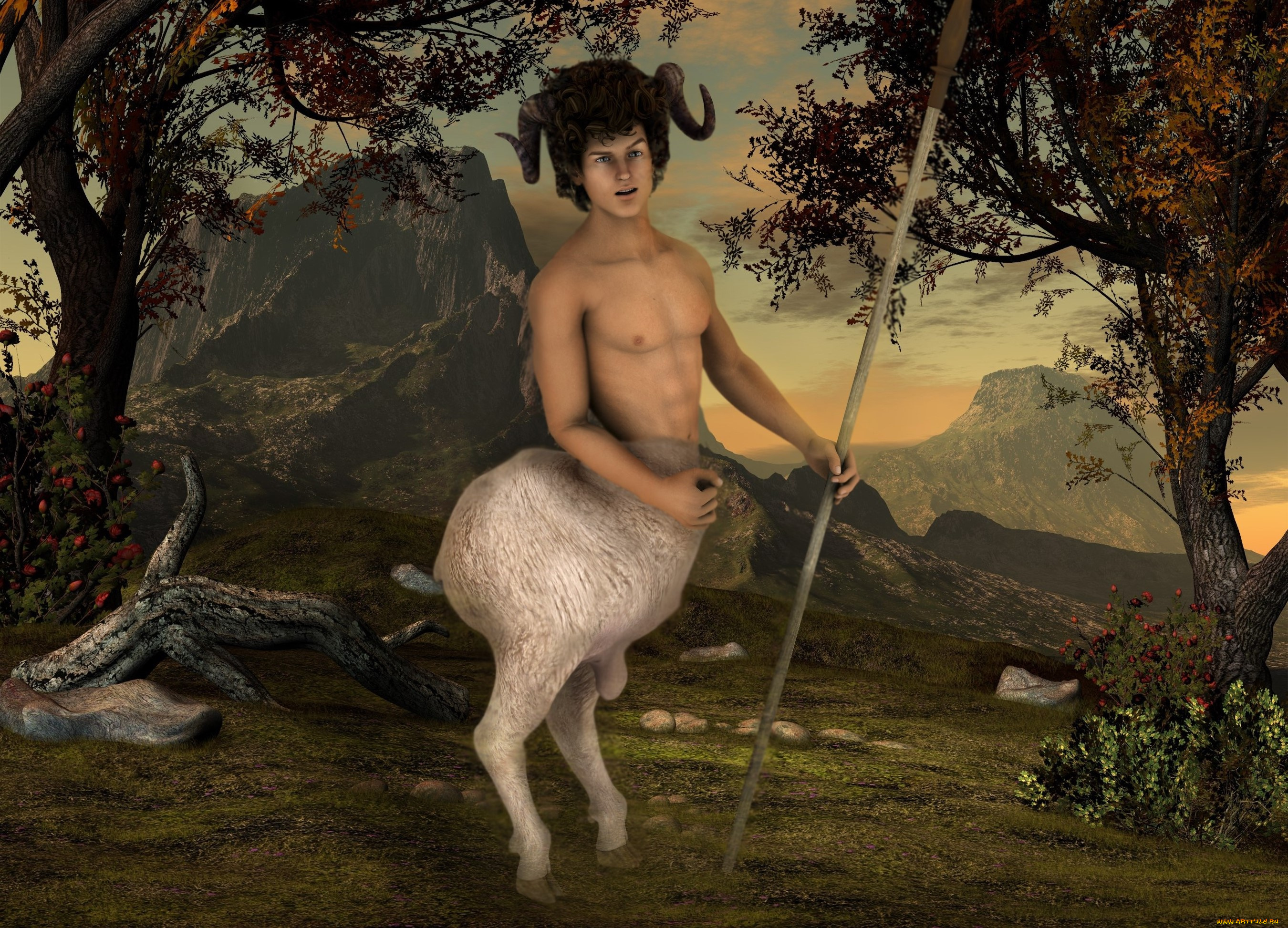 3д, графика, существа, , creatures, silenus, the, satyr, рога, взгляд, фон