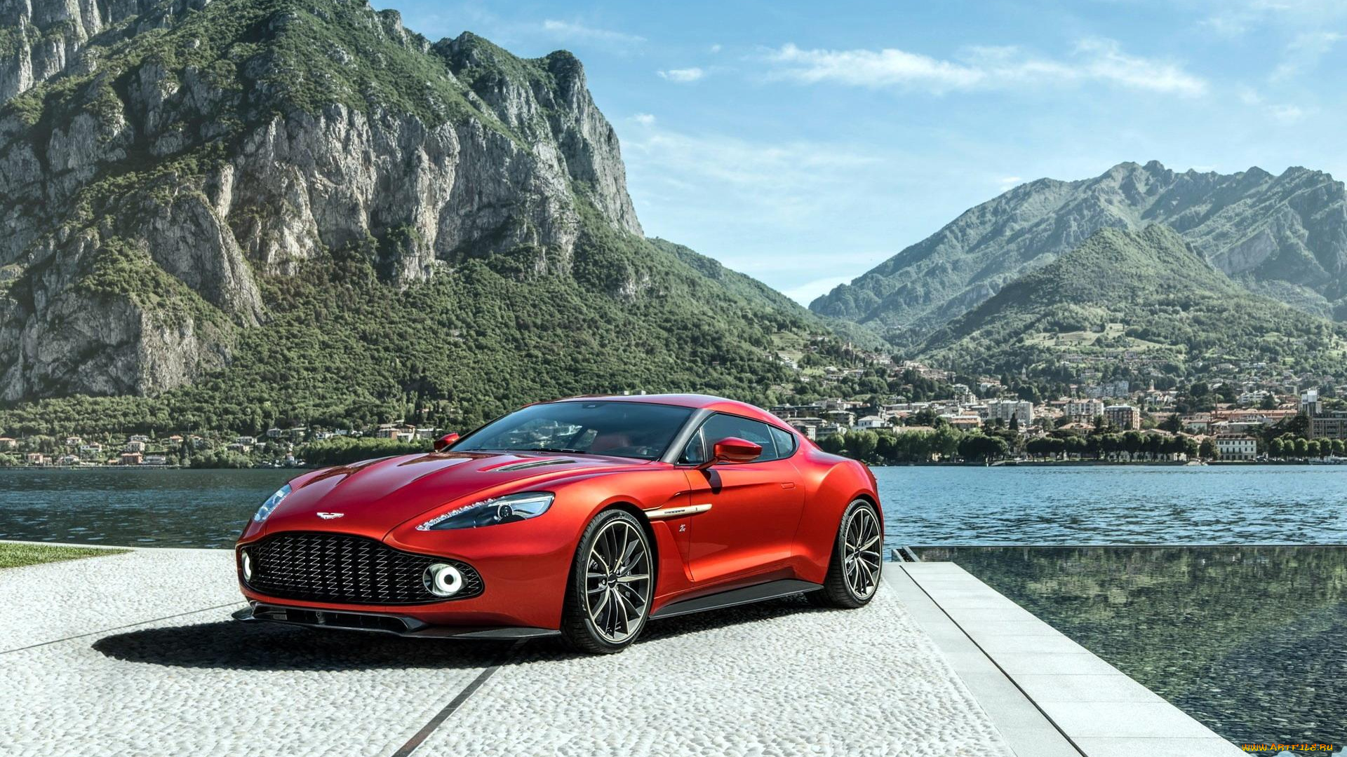 автомобили, aston, martin, астон, мартин, поселок, озеро, красный, zagato, vanquish, горы