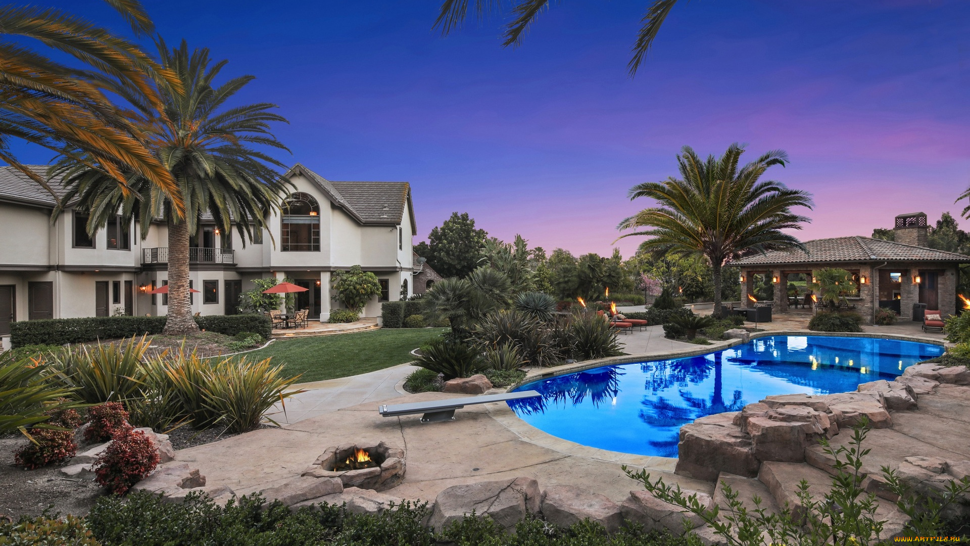 америка, интерьер, бассейны, , открытые, площадки, очаг, здания, ступени, пальмы