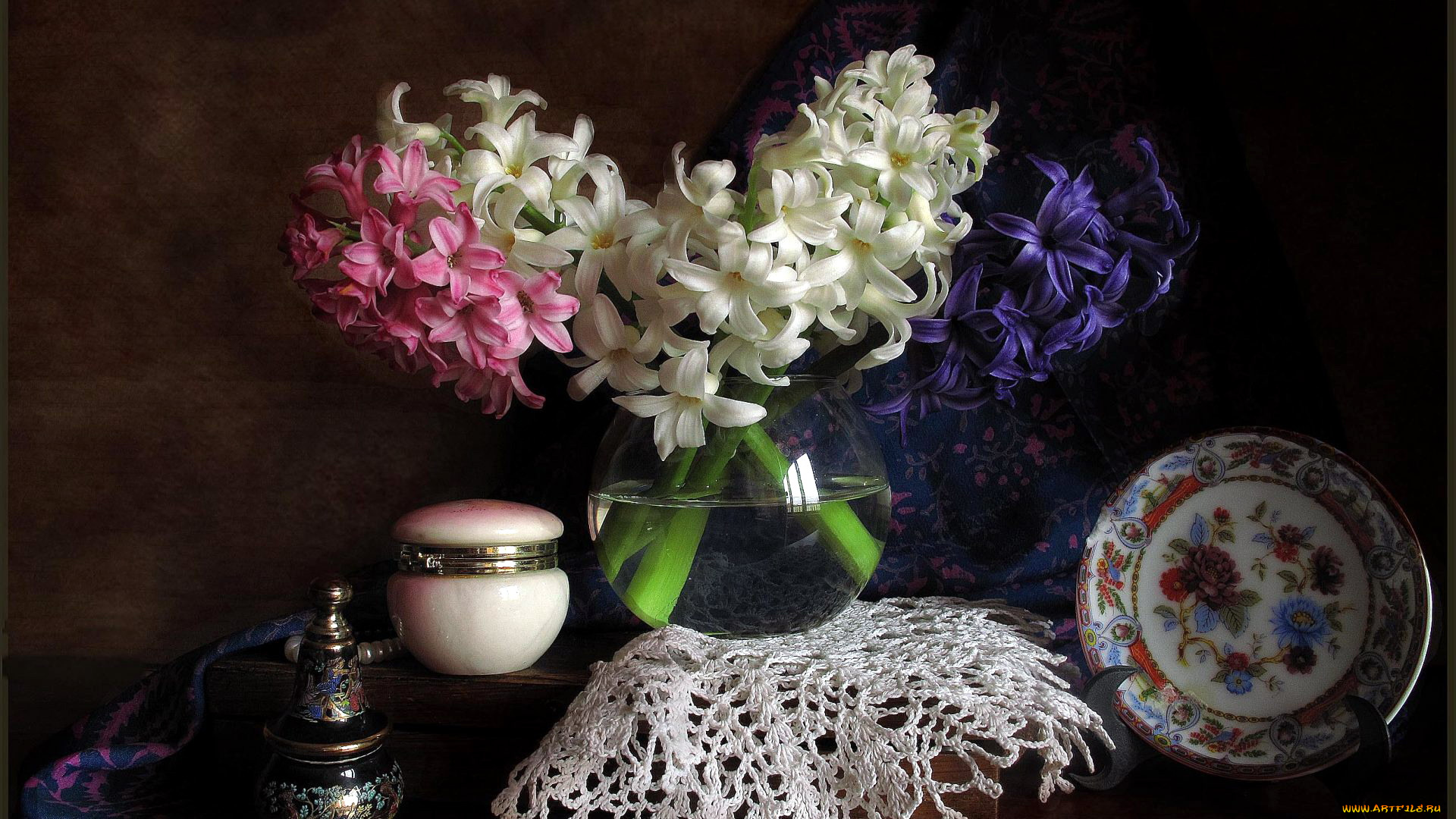 цветы, гиацинты, композиция, белый, синий, розовый