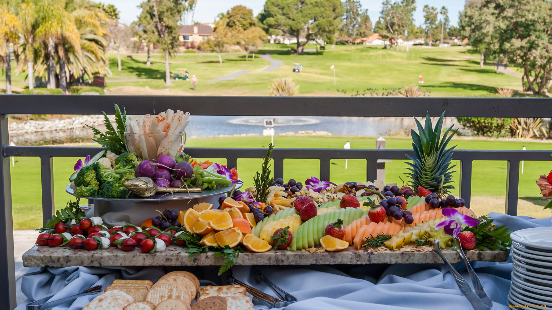 еда, фрукты, и, овощи, вместе, банкет, печенье, нарезка, фрукты, овощи