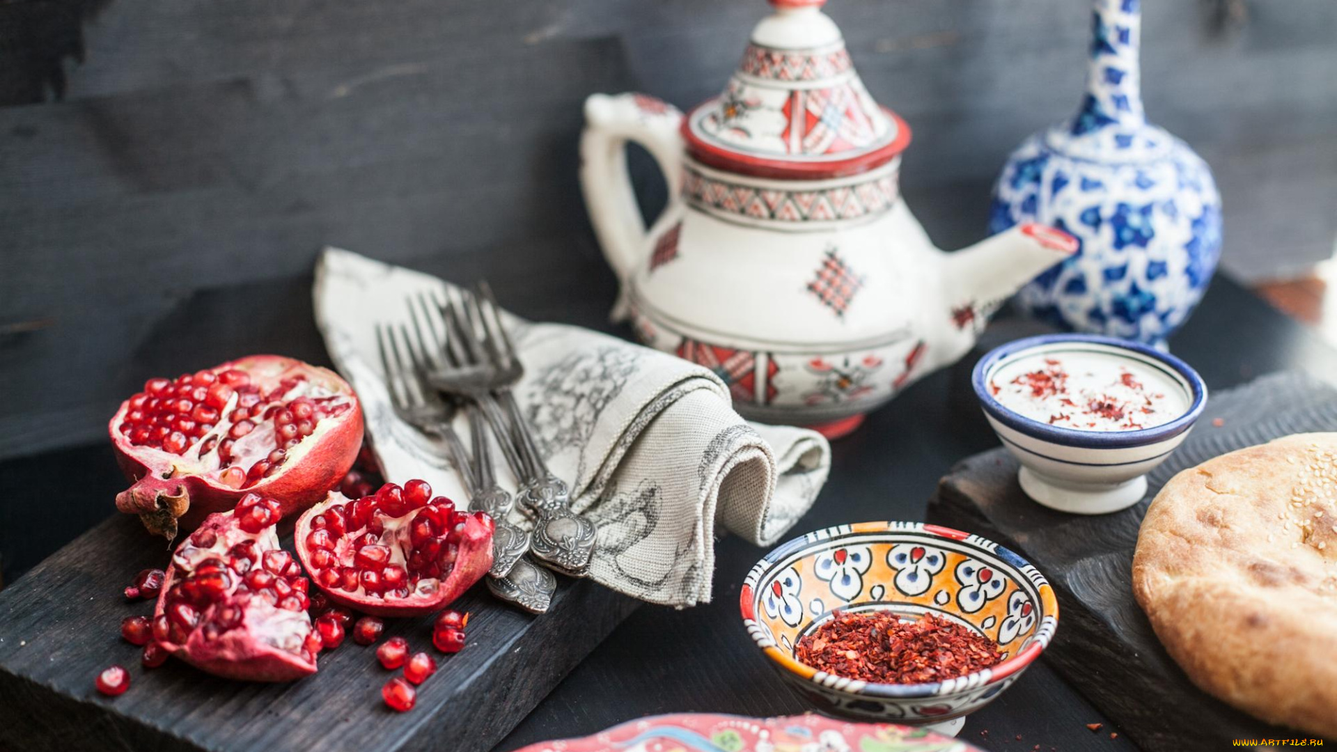 еда, гранат, зерна, чайник