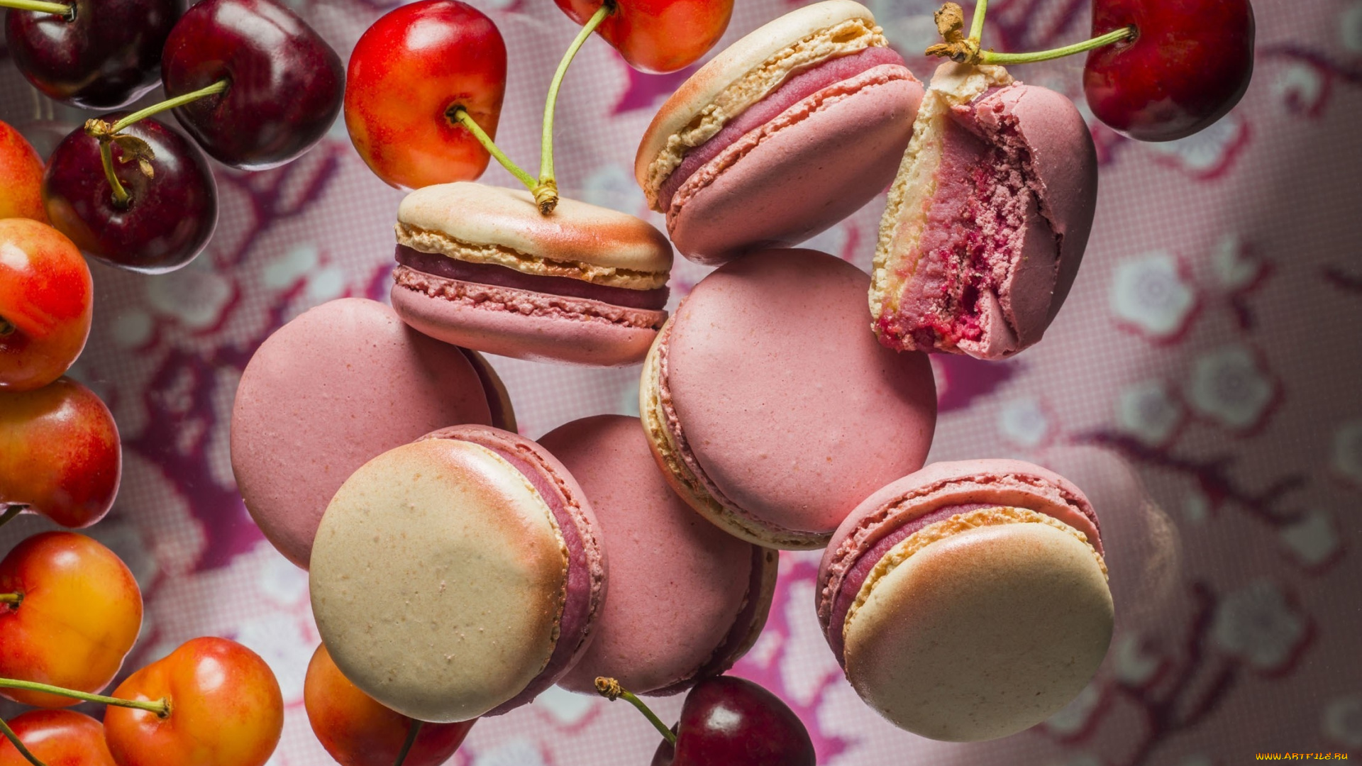 еда, макаруны, лакомство, ягоды, черешня