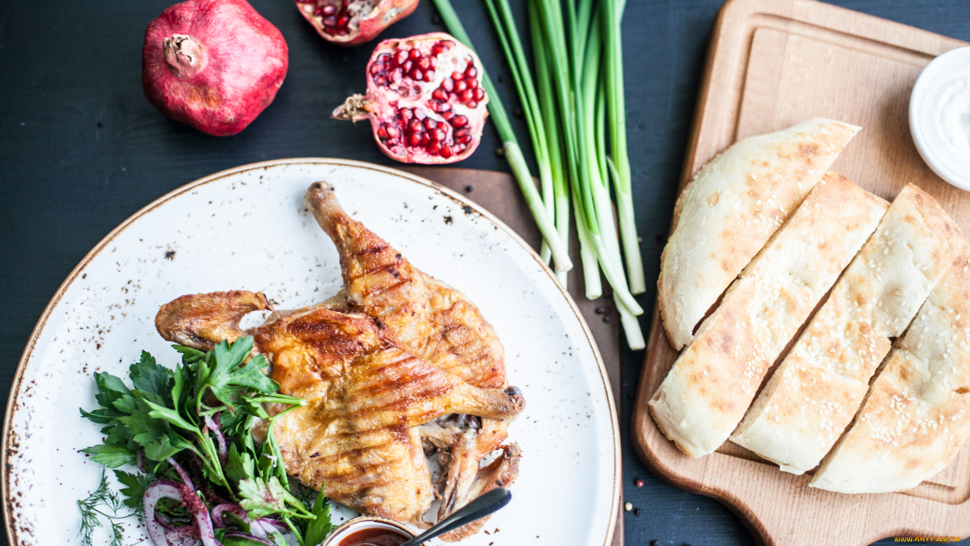 еда, мясные, блюда, вкусно, гранат, лаваш, курица
