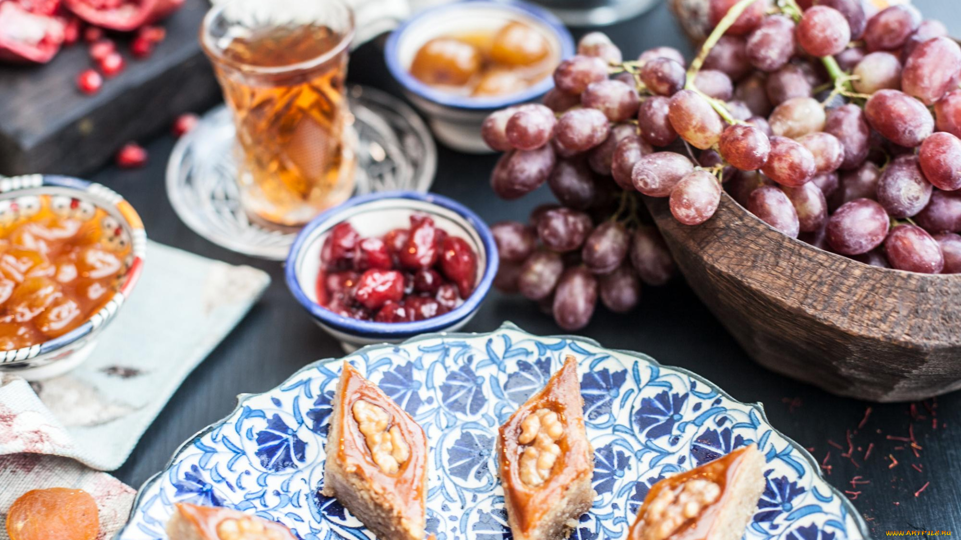 еда, разное, виноград, сладость, печенье, чай, гроздь