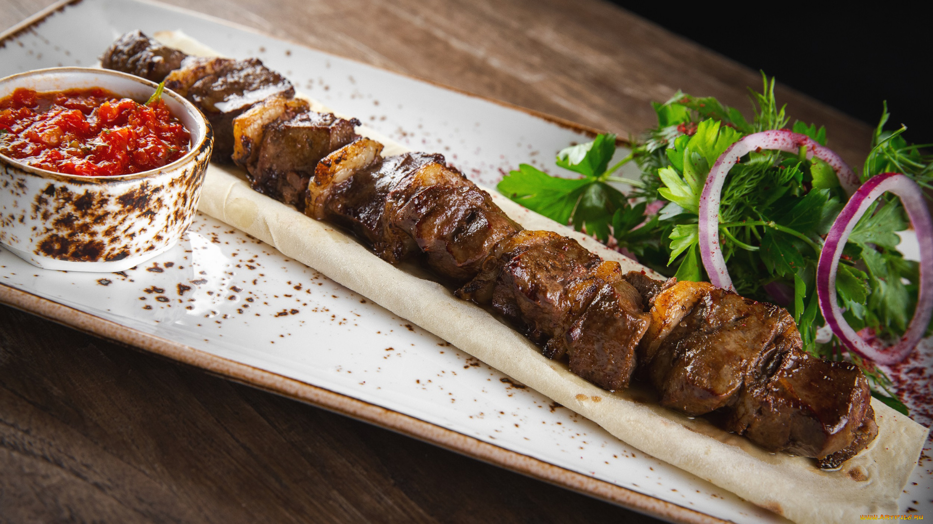 еда, шашлык, , барбекю, соус, зелень, жареное, кусочки, мясо