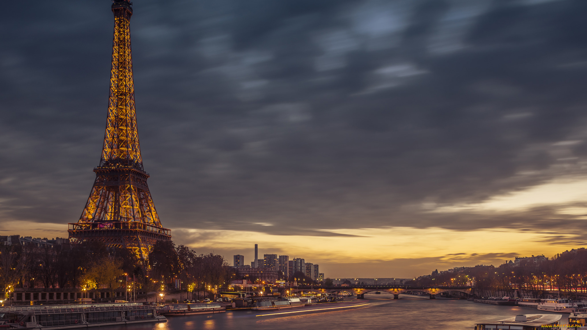 eiffel, tower, and, seine, river, города, париж, , франция, река, огни, ночь