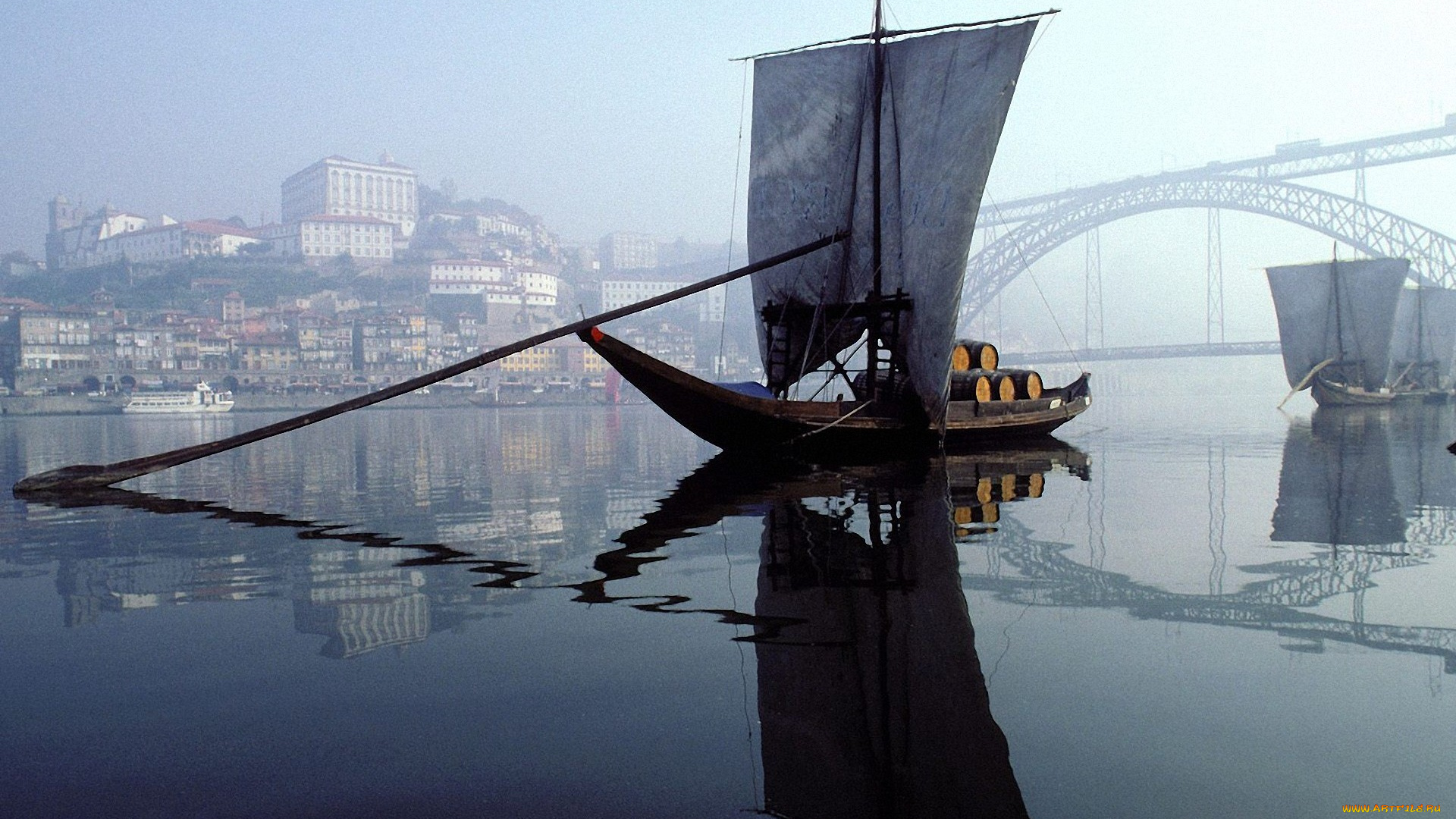 корабли, парусники, лодка, мост, город, вода, парус, весло