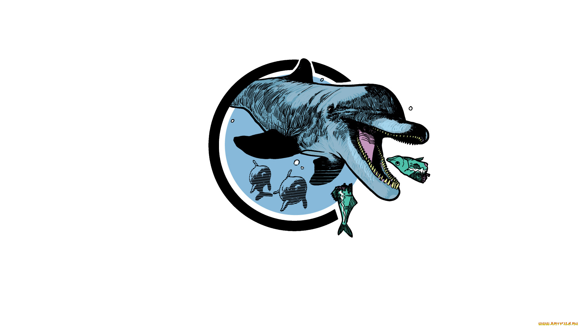 рисованное, минимализм, дельфин, море, рыбка, охота