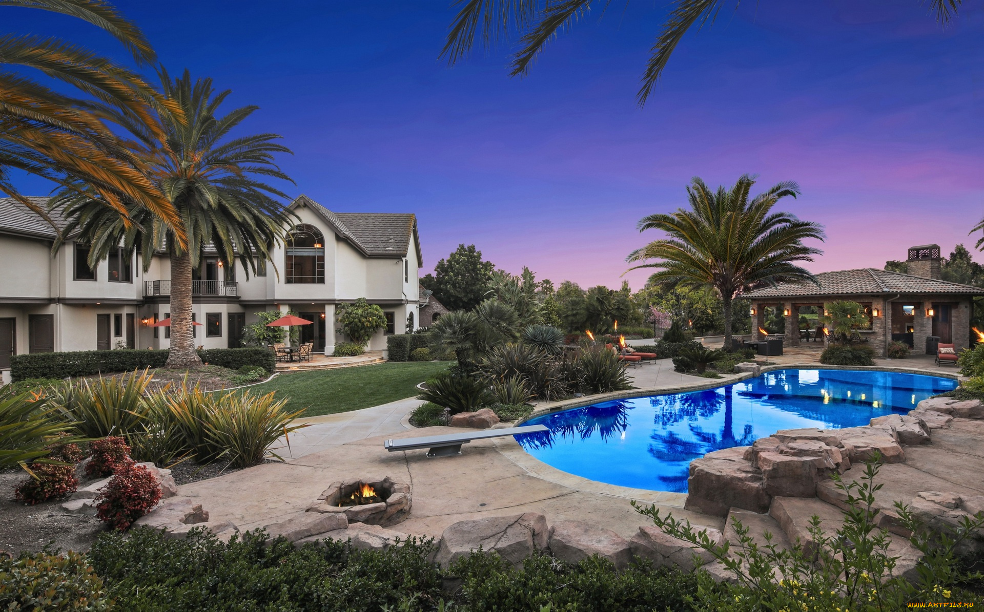 америка, интерьер, бассейны, , открытые, площадки, очаг, здания, ступени, пальмы