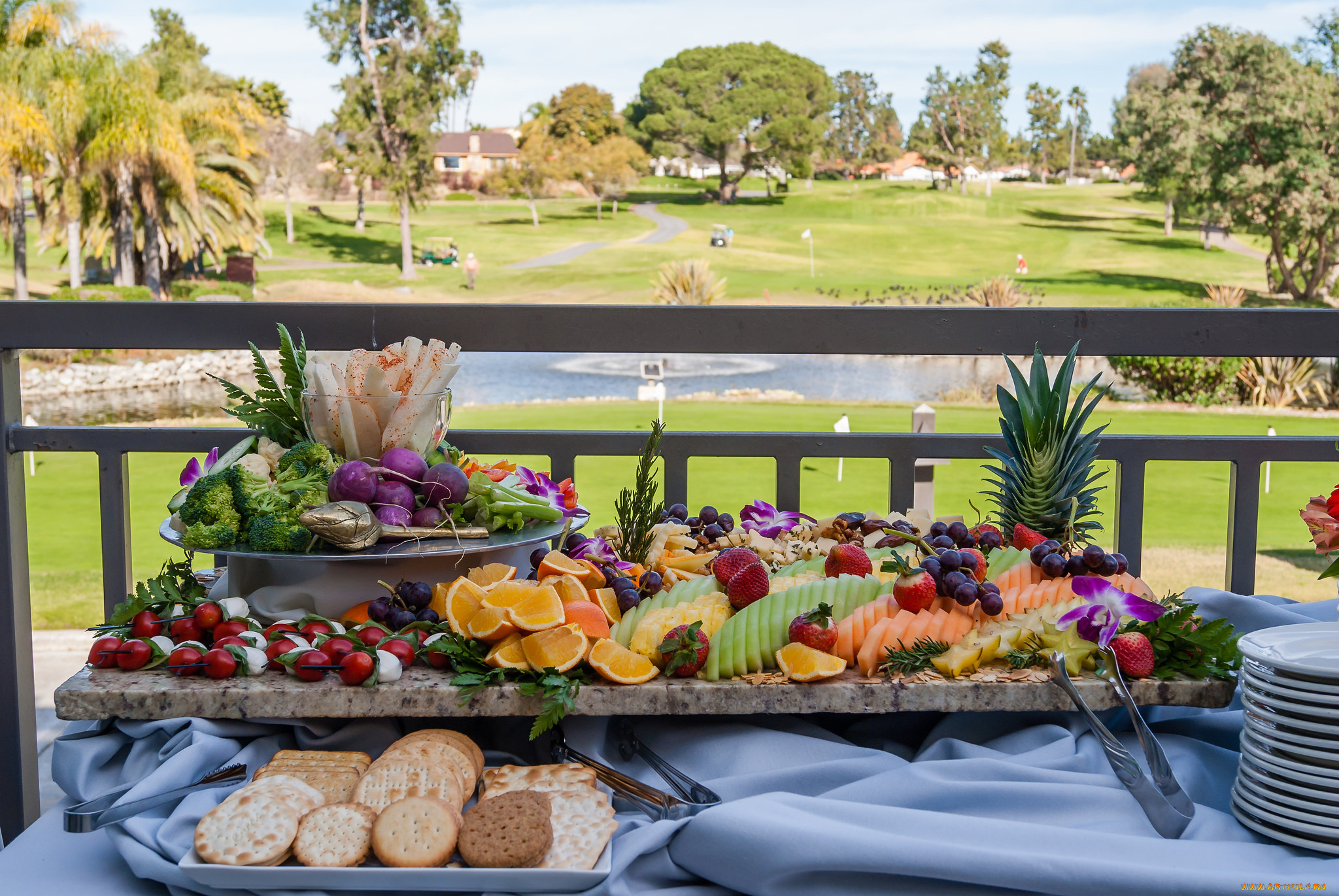 еда, фрукты, и, овощи, вместе, банкет, печенье, нарезка, фрукты, овощи