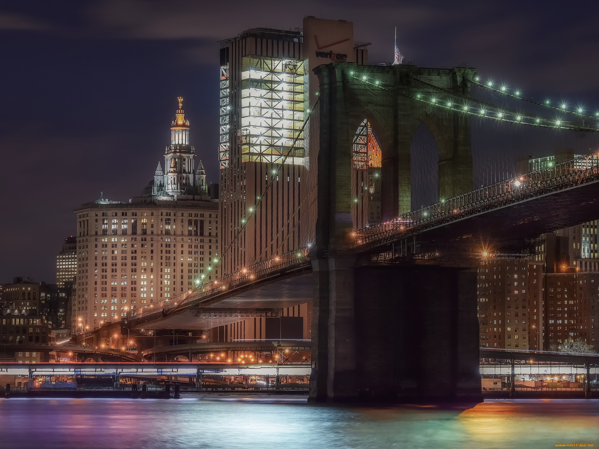 brooklyn, bridge, города, нью-йорк, , сша, огни, ночь