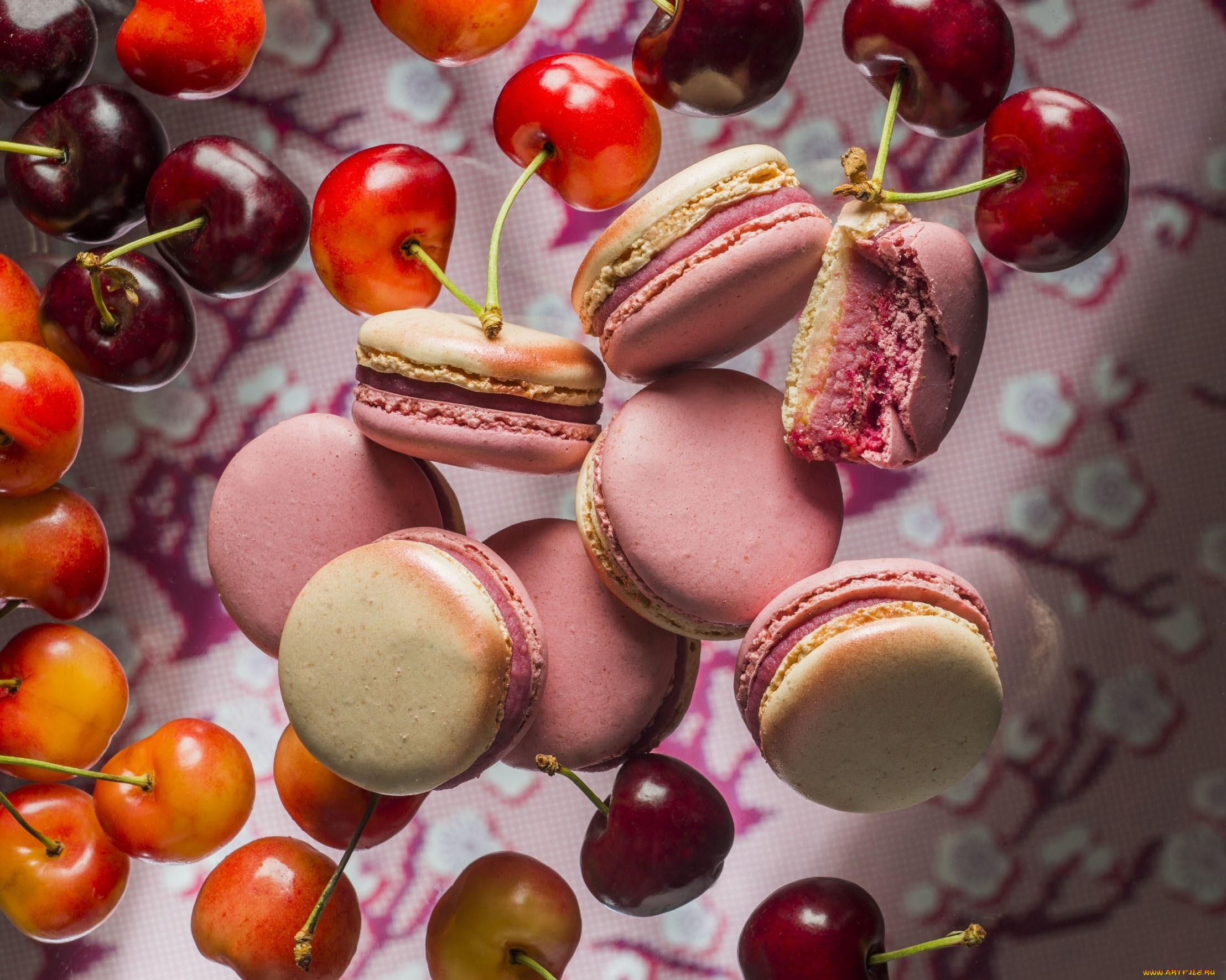 еда, макаруны, лакомство, ягоды, черешня