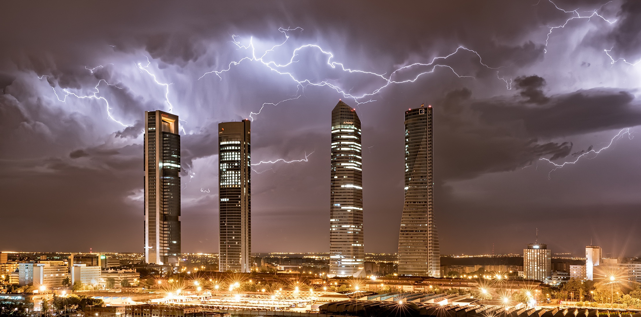 города, мадрид, , испания, almenara, город, madrid, молнии, ночь