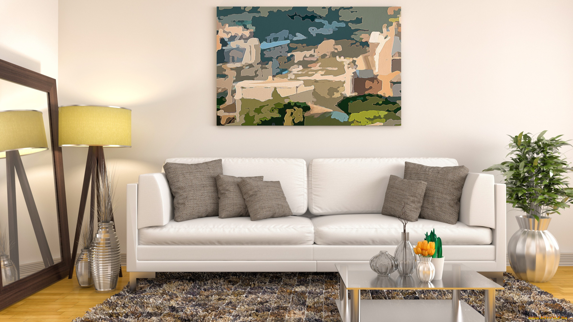 3д, графика, реализм, , realism, ваза, картина, модерн, интерьер, диван, гостиная, столик, подушки, декор, дизайн