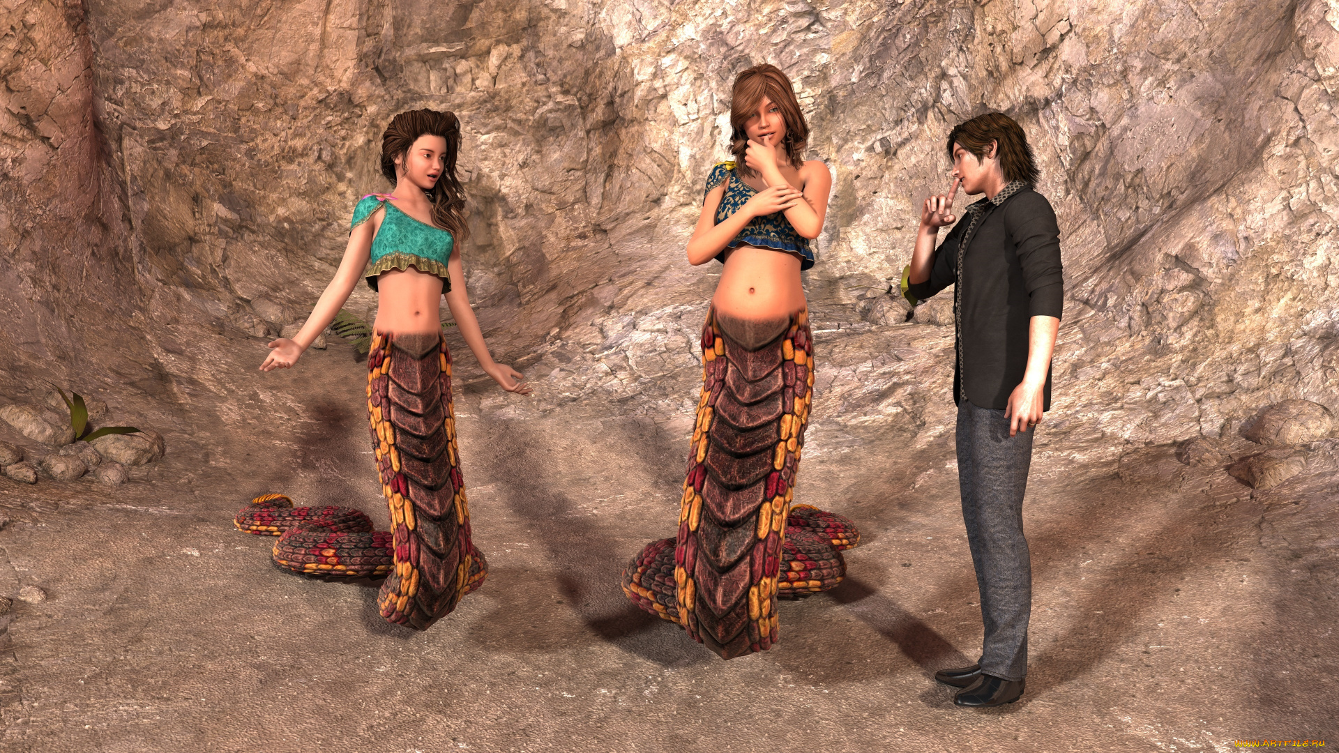 3д, графика, существа, , creatures, девушка, парень, naga, фон, взгляд