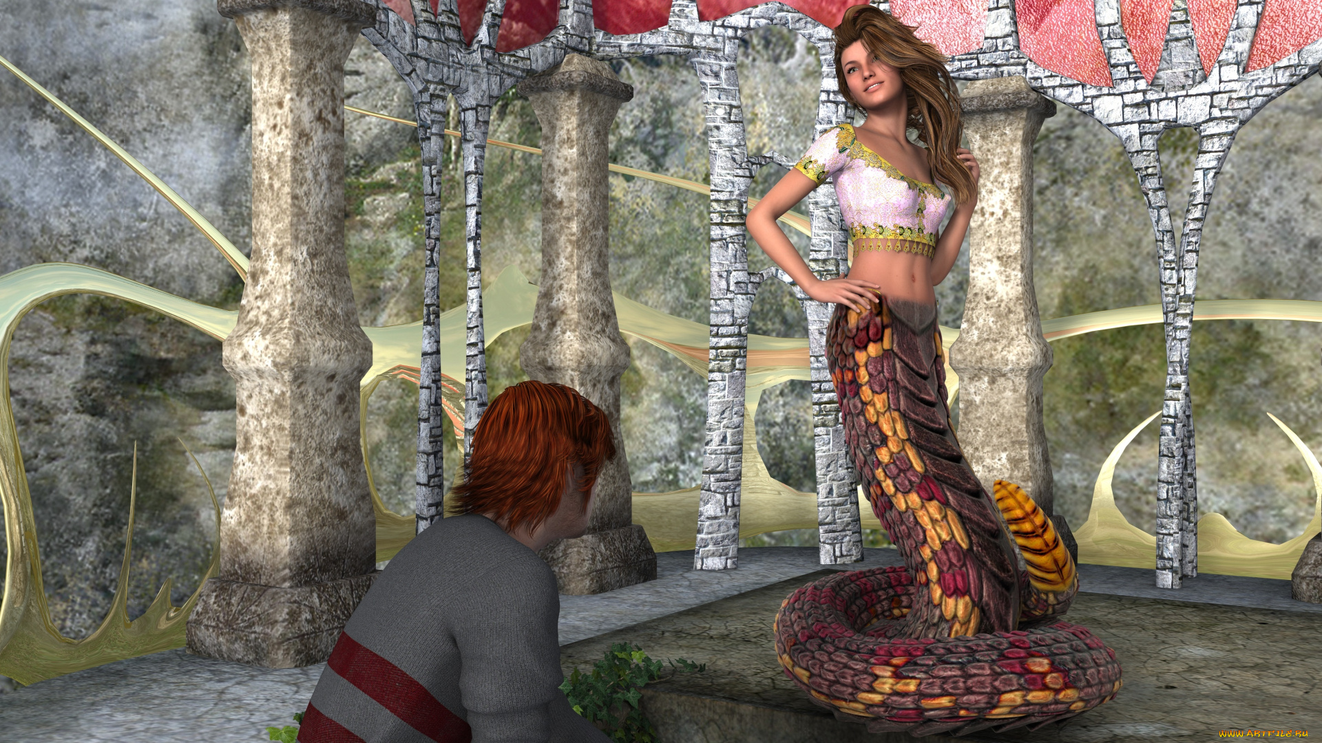 3д, графика, существа, , creatures, парень, naga, фон, взгляд, девушка