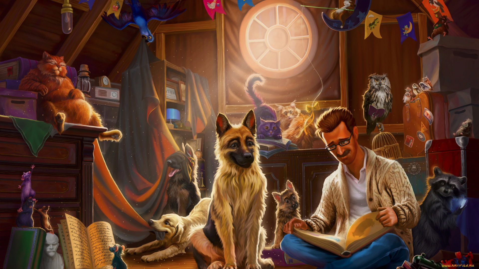 рисованное, люди, животные, комната, фон, мужчина, книга