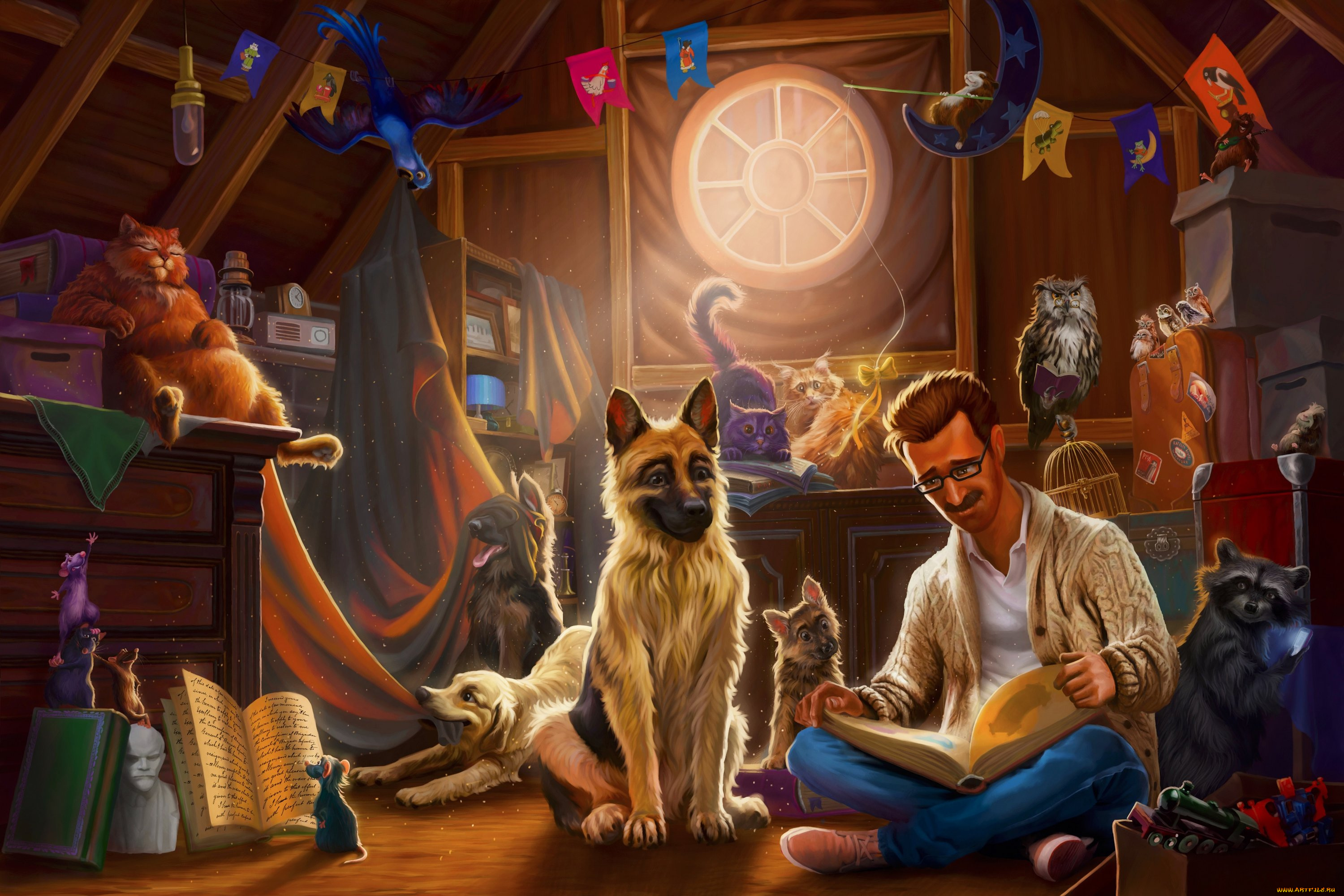 рисованное, люди, животные, комната, фон, мужчина, книга