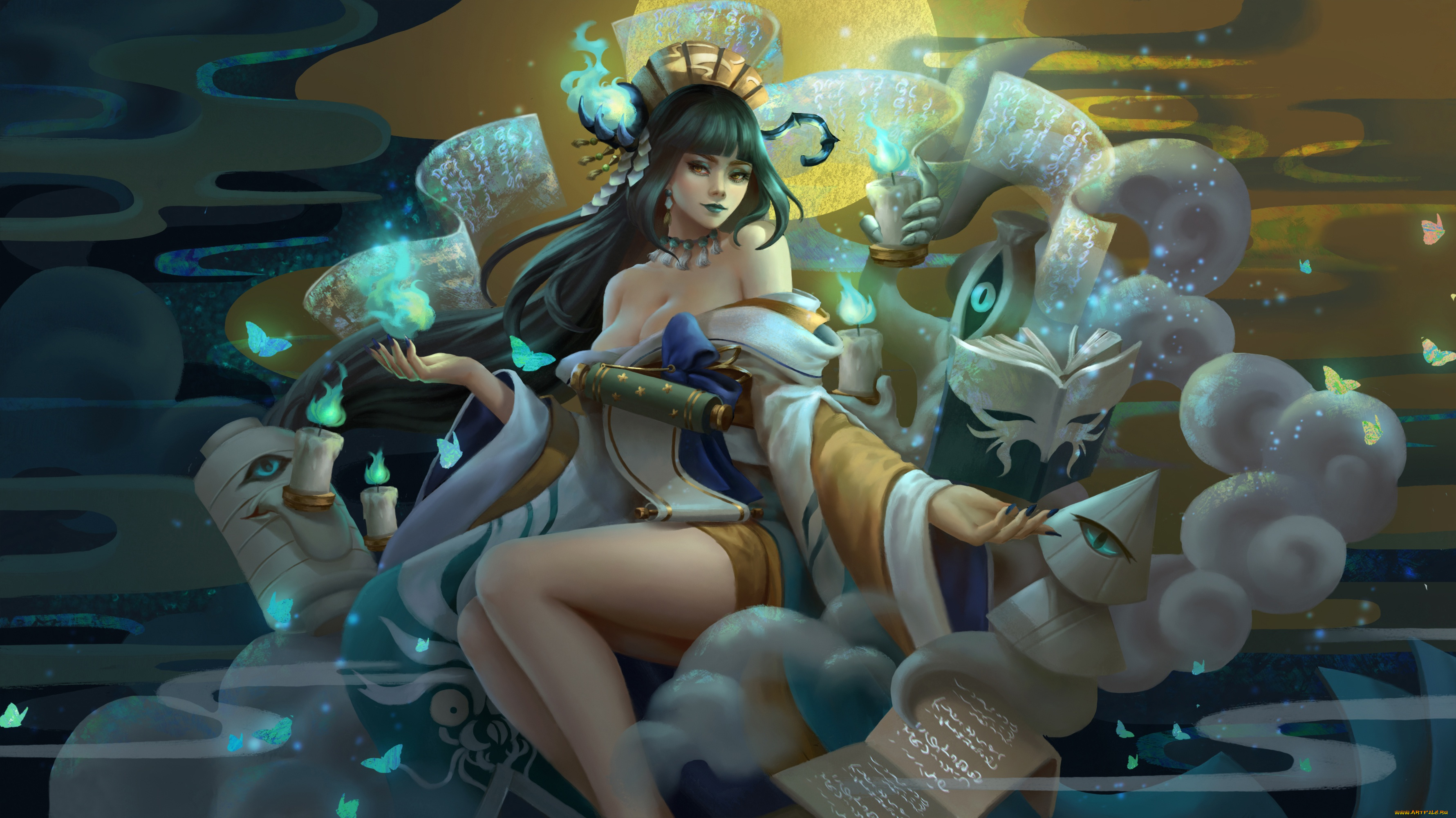 аниме, onmyouji, книга, маг, storyteller, aoandon, onmyoji, art, девушка, свеча