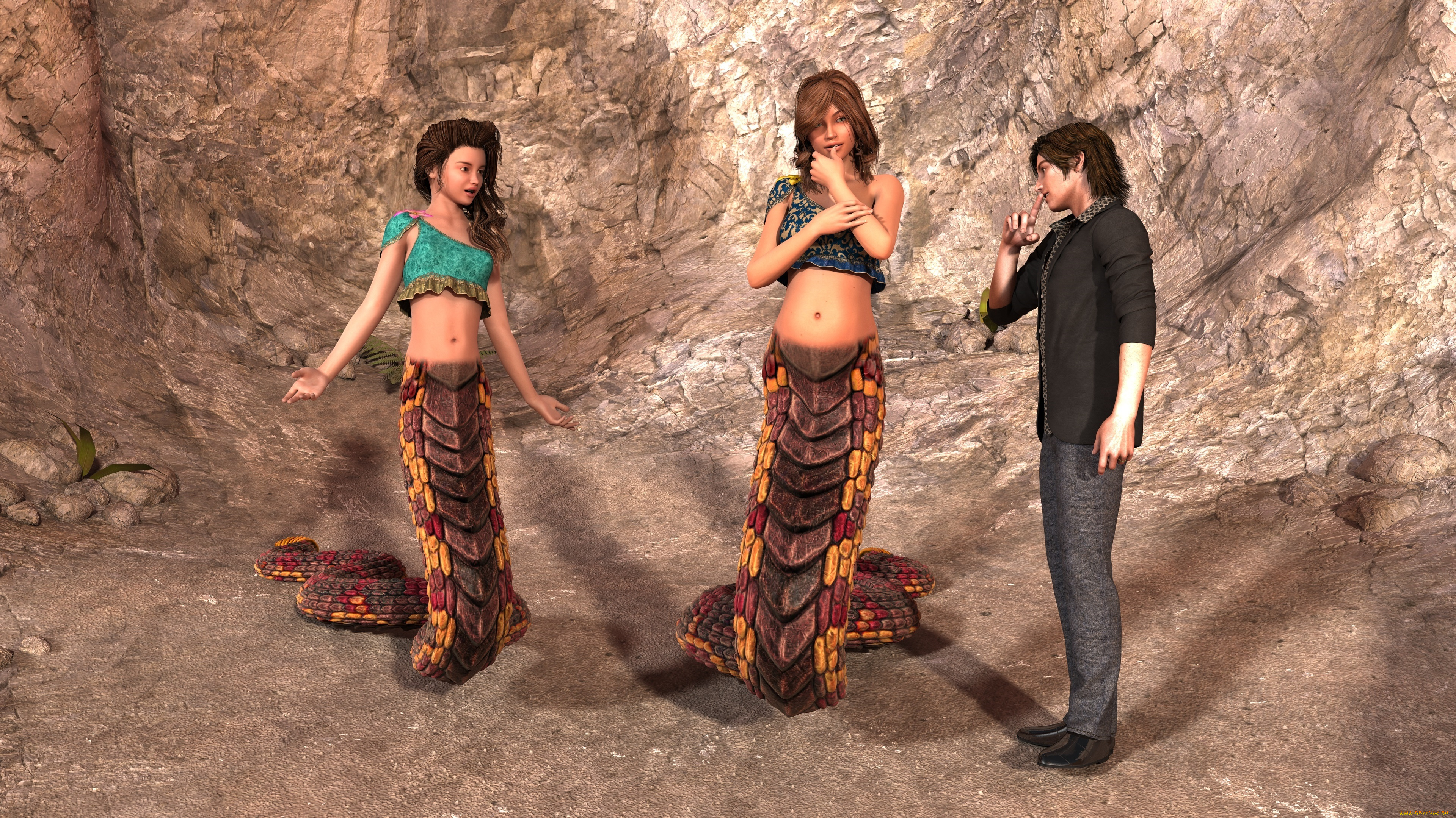 3д, графика, существа, , creatures, девушка, парень, naga, фон, взгляд