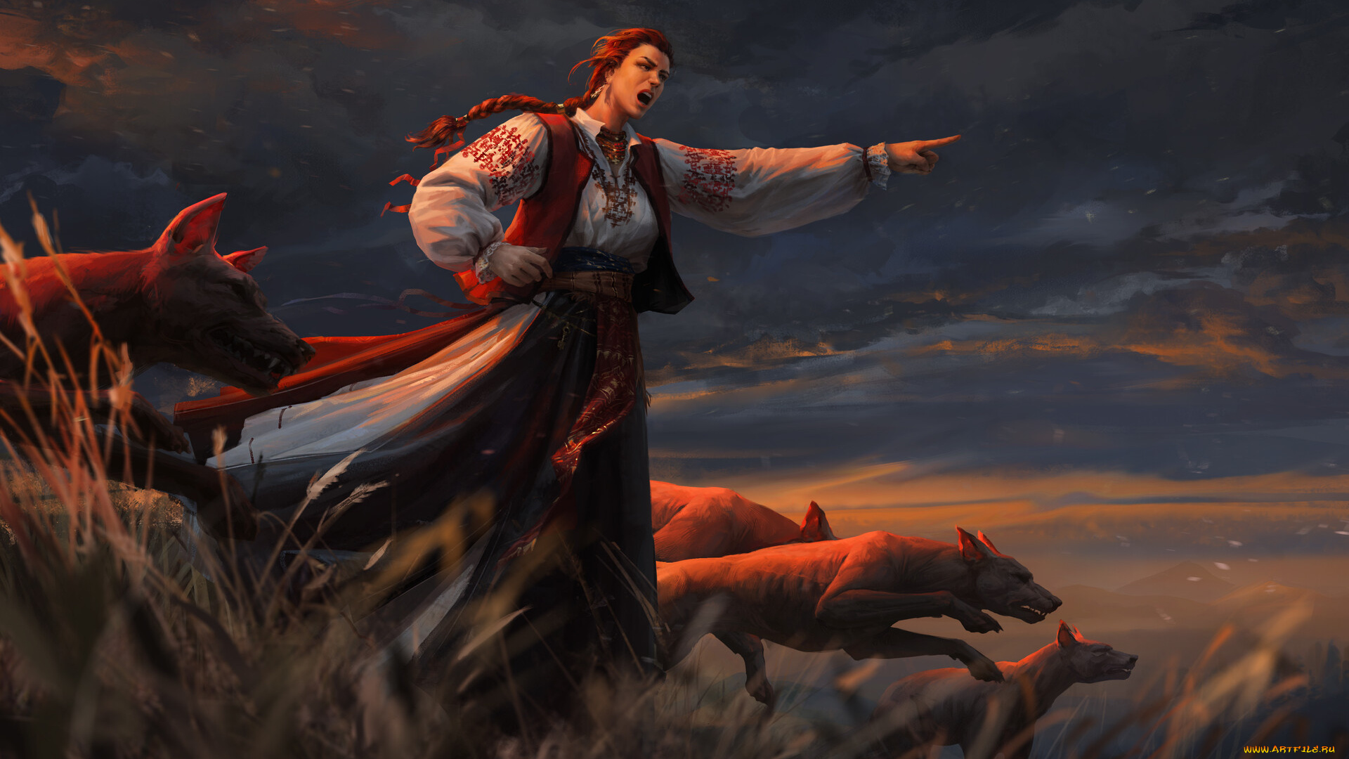 фэнтези, красавицы, и, чудовища, собаки, коса, девушка, приказ, трава, тучи, поле