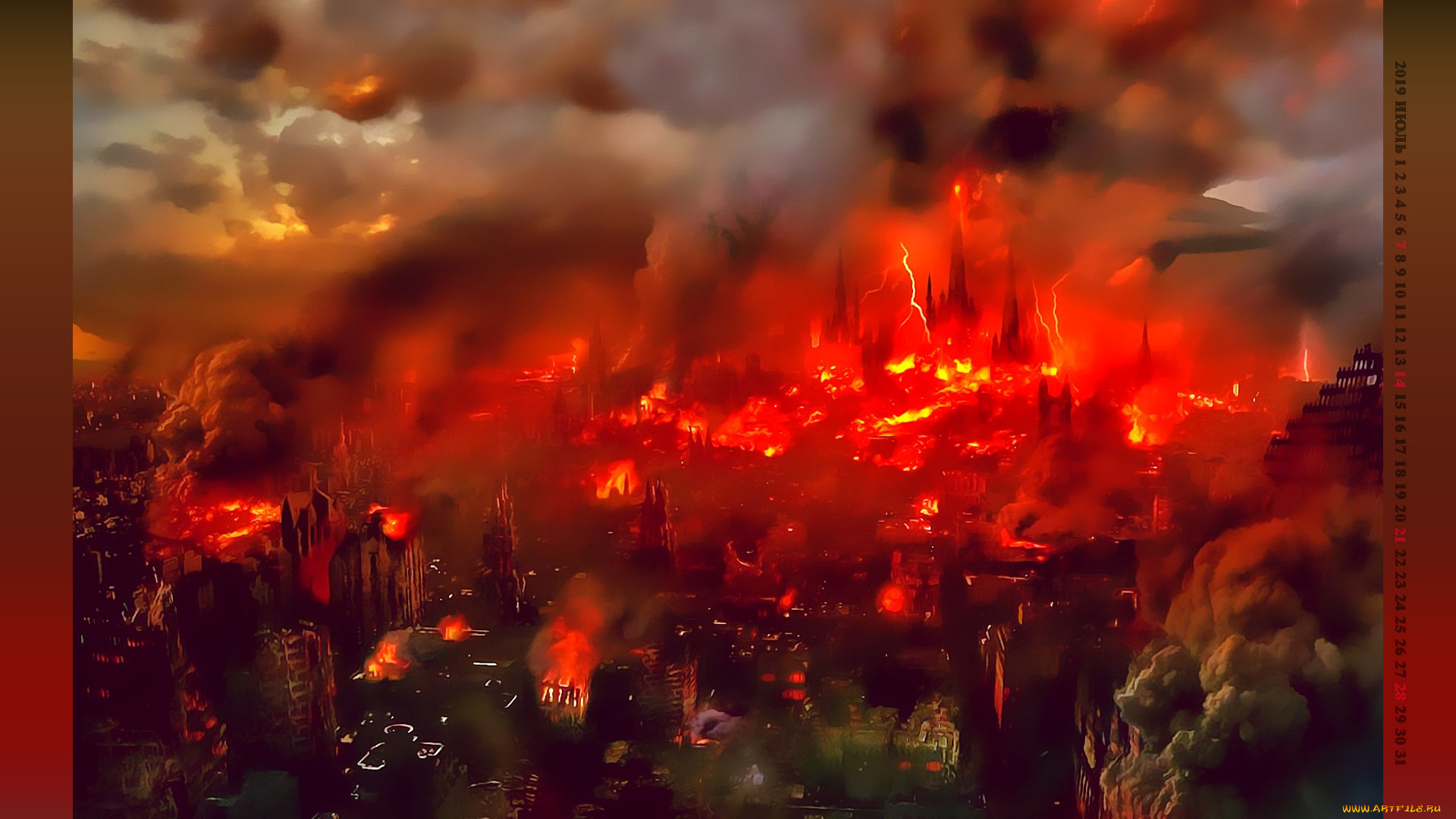 календари, фэнтези, пламя, calendar, 2019, город, здание, пожар